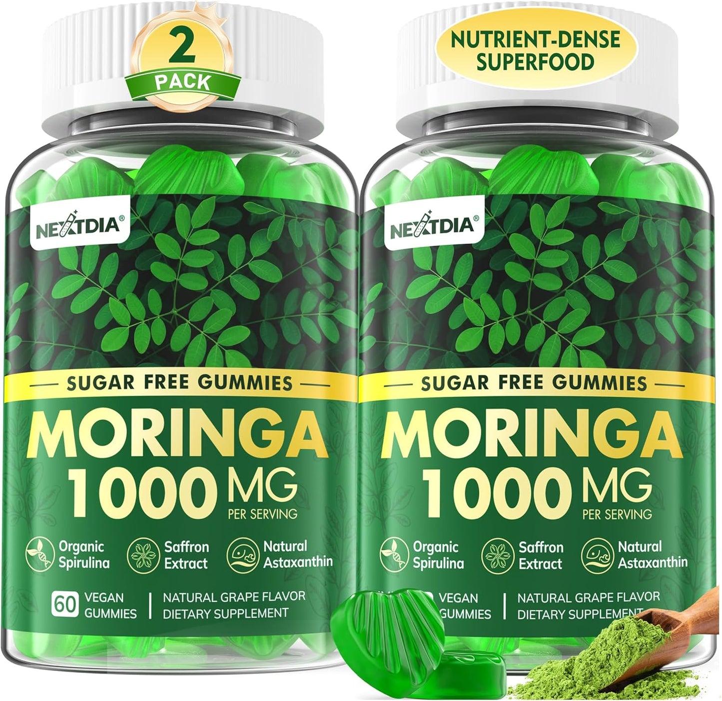 Organic Moringa Gummies 1000mg - Whole Food Green Superfood, Rich in Vegan Protein, Fiber, B-Complex, Potassium, Magnesium, Calcium - w/Spirulina, Saffron, Ashwagandha for Energy & Gut Health, 120Cts