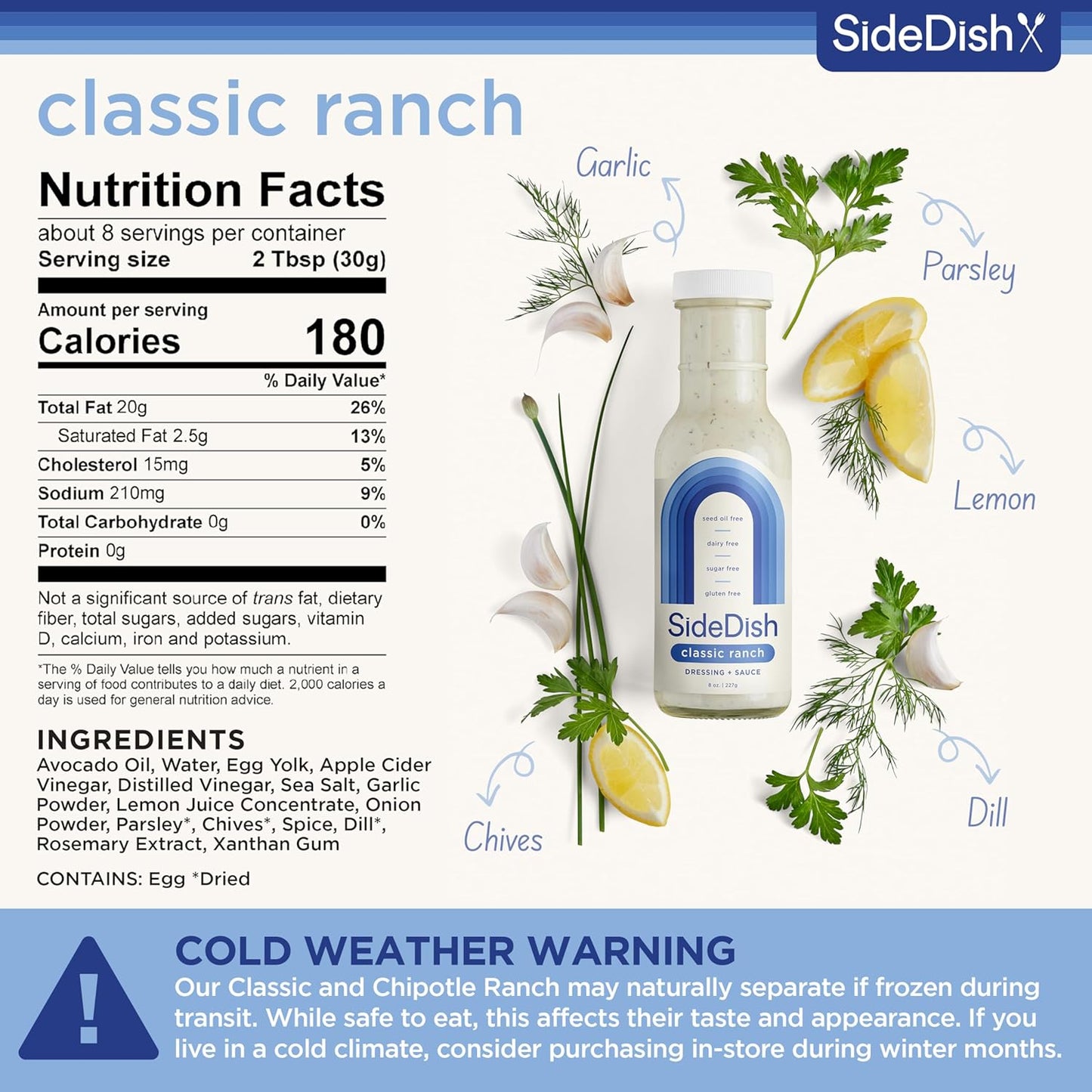SideDish Classic Ranch Dressing (Pack of 3) - Seed Oil Free, Dairy Free & Gluten Free Salad Dressing w/Avocado Oil - Sugar Free, Low Sodium Healthy Ranch Dressing - Paleo Dressing for Sauces & More