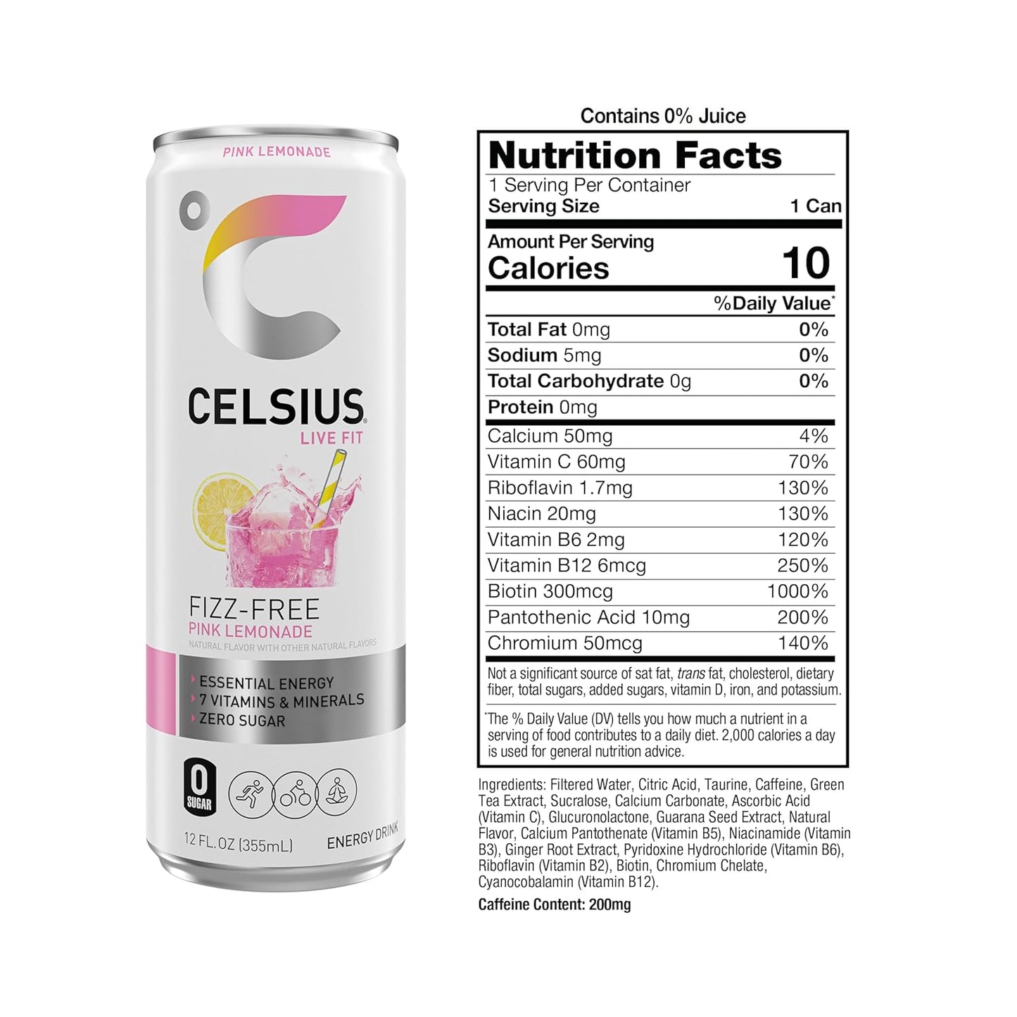 CELSIUS Fizz Free Pink Lemonade, Sugar Free Energy Drink, 12 Fl Oz (Pack of 12)