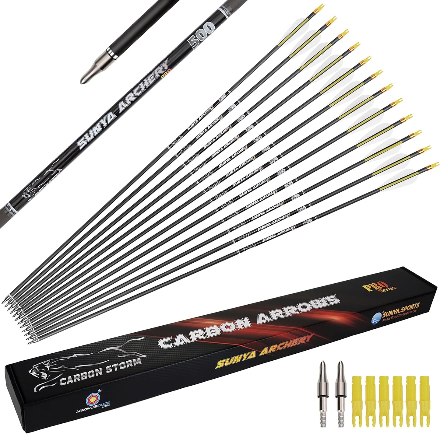 SUNYA 12-Pack 30 Inch Carbon Arrows Spine 500 or 400 for 40-60 LBS Bows｜Switch to Recurve/Compound Modes, Anti-Loose O-Ring & TPU Vanes for Hunting/Target Practice