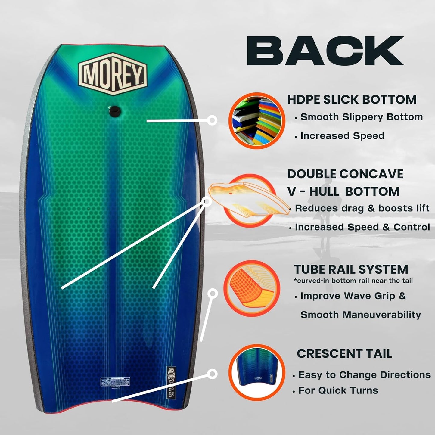 MOREY® Mach 12 MDS, 42.5" Bodyboard. Dynamic Speed Body Boards for Beach, for All Skill Levels, Embedded Fiberglass Stringer, with Coil Leash. Re-Engineered 2025 Model