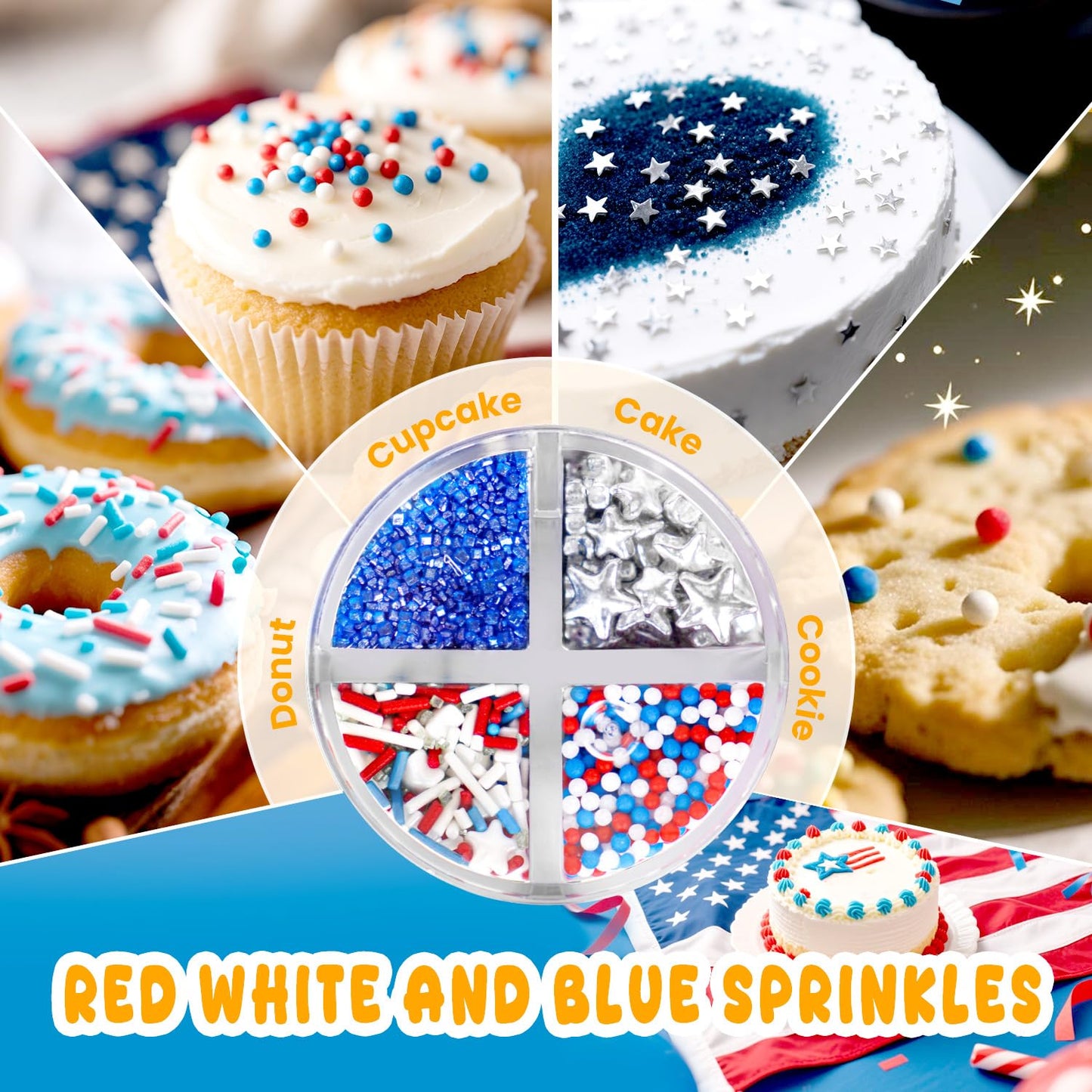 4th of July Sprinkles, Patriotic Sprinkle, Red White and Blue Sprinkles for Cupcakes Cake Decorating, Silver Star Mix, 160g/5.64oz, Cake Decorations, Baking Ice Cream Toppings