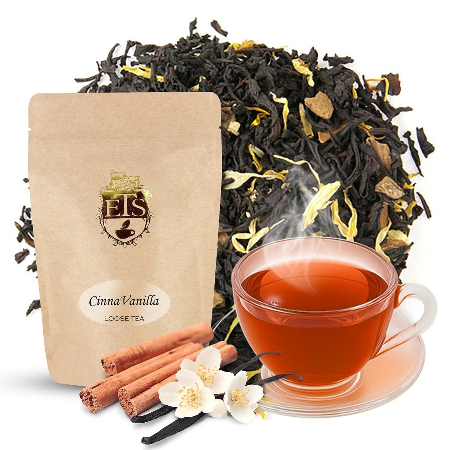 English Tea Store Cinna-Vanilla Flavored Black Tea | Loose Leaf Tea Pouches - 4oz Pouch | Warm Cinnamon and Creamy Vanilla Blend | Ceylon Tea Base | Cozy and Aromatic Cup | Serve Hot or Iced