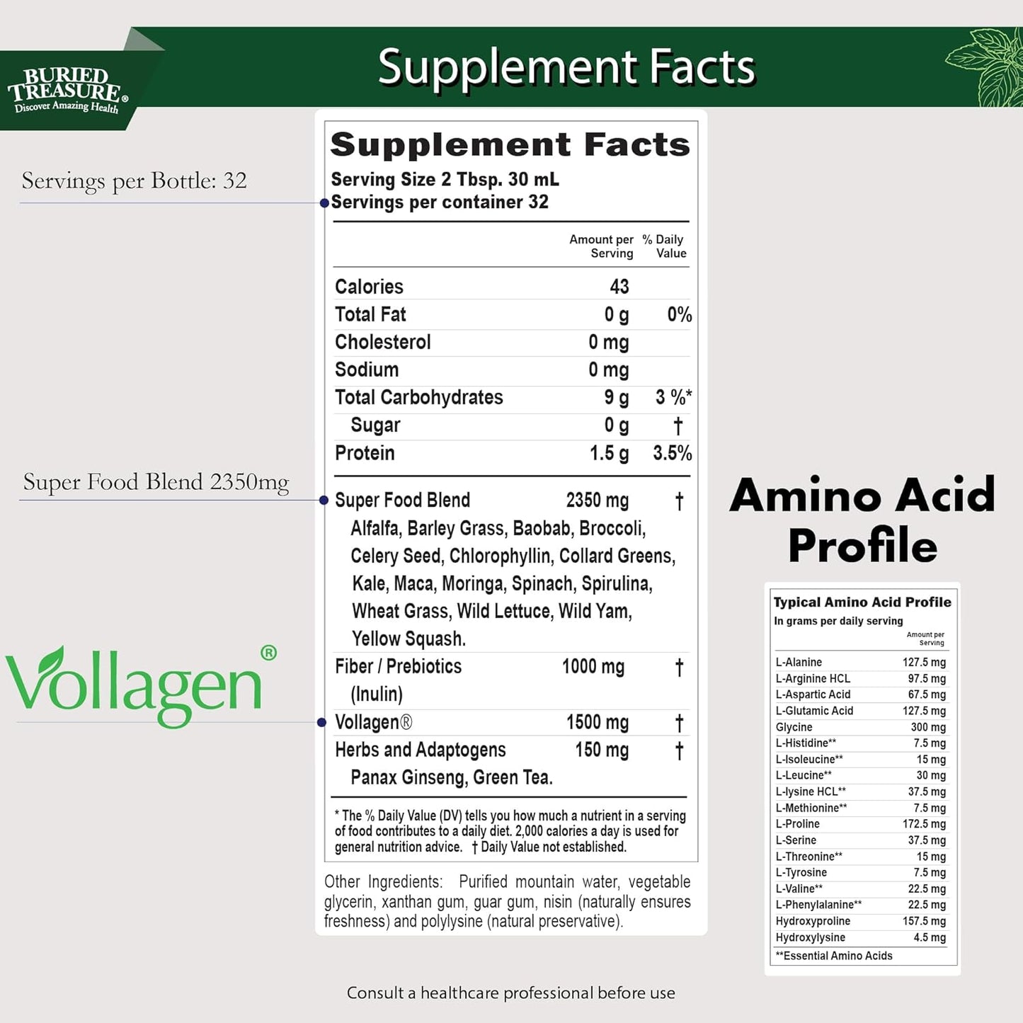 Buried Treasure Green20 Fusion – Superfood Blend with Vollagen for Skin, Hair, and Joint Support, Plant-Based, Vegan, Non-GMO Gluten-Free, Dairy-Free, Soy-Free, 32oz Liquid