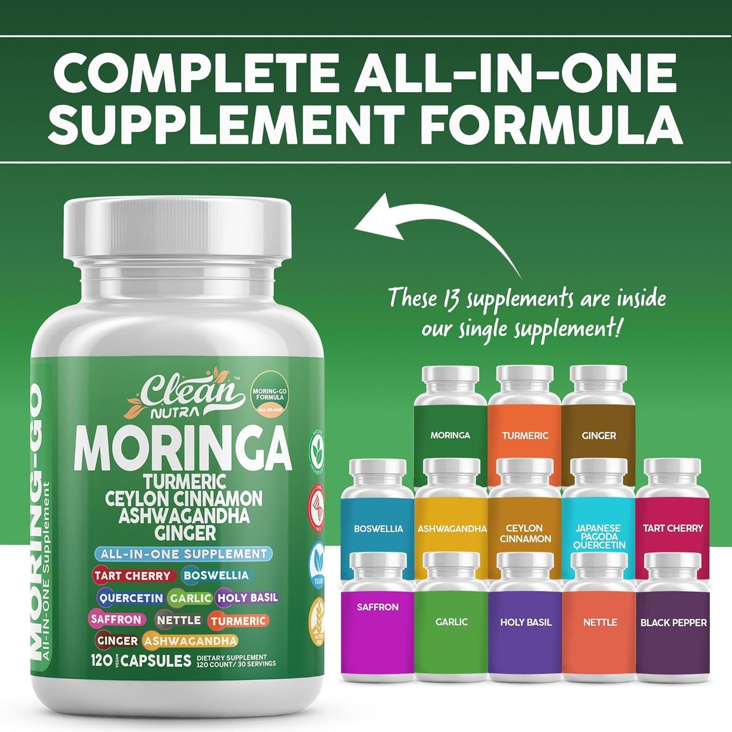 Moringa Powder Capsules + Turmeric Moringa Leaf Ceylon Cinnamon Ashwagandha Ginger Tart Cherry Boswellia Quercetin Garlic Holy Basil Saffron Nettle Black Pepper Moring-Go Supplement By Clean Nutra (2)