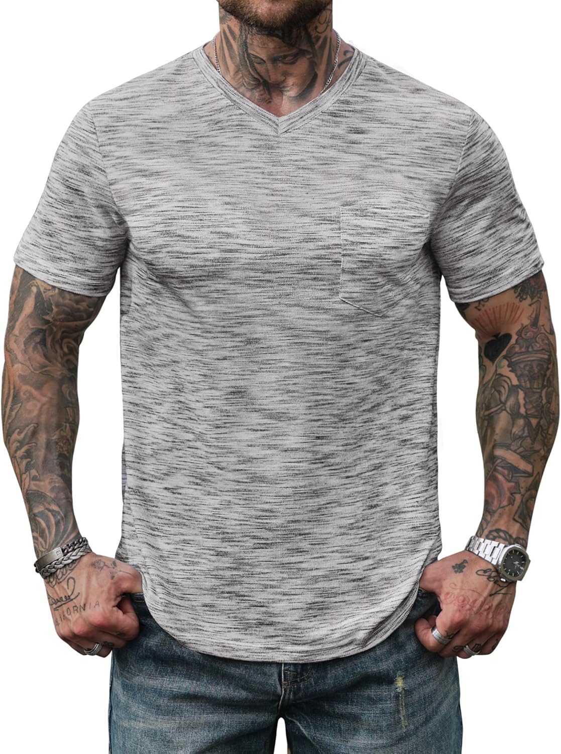 Men's V Neck T Shirts Casual Stylish Fitted Stretch Tee Shirt with Pocket (S-3XL)