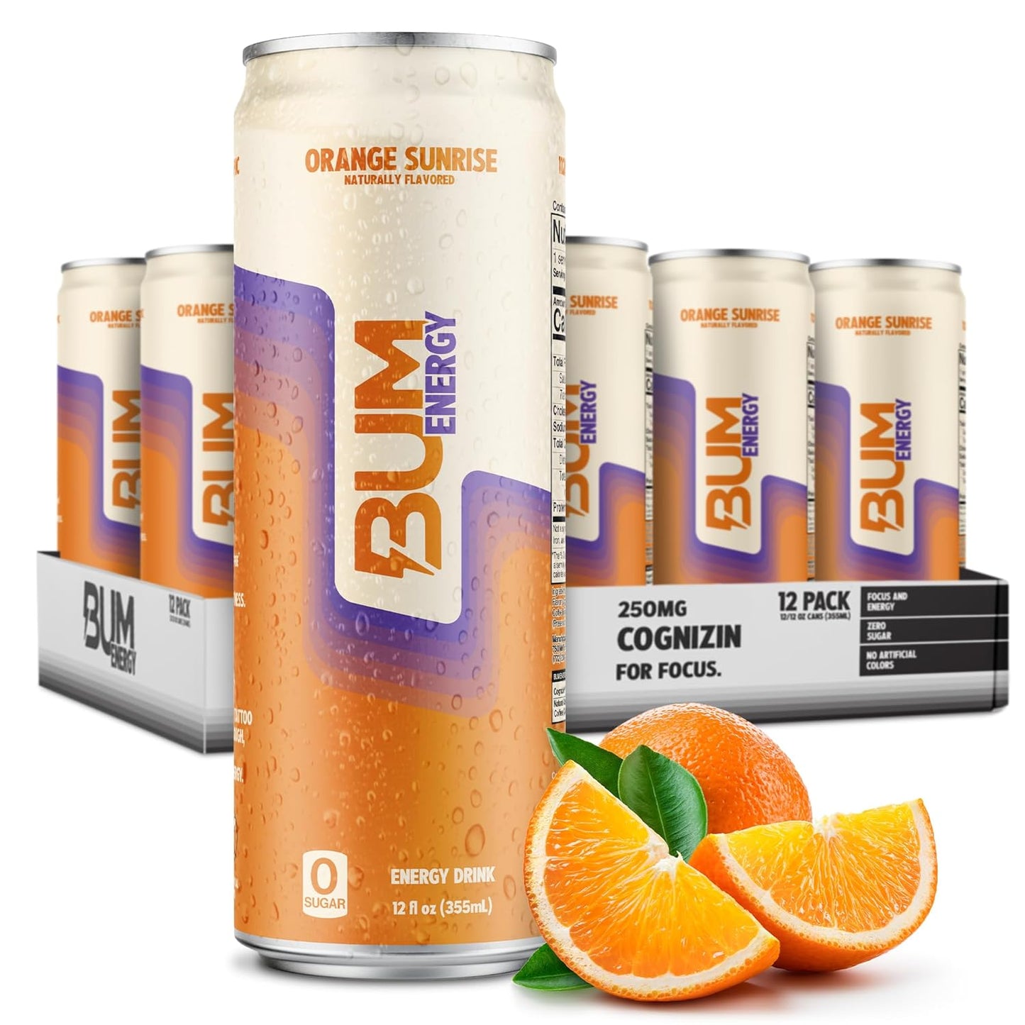 BUM Sugar-Free Energy Drink, Orange Sunrise - Lightly Carbonated & No Artificial Colors, Natural Caffeine & Citicoline for Energy & Focus, Brain Boost & Workout Sports Beverage - 12 oz, Pack of 12
