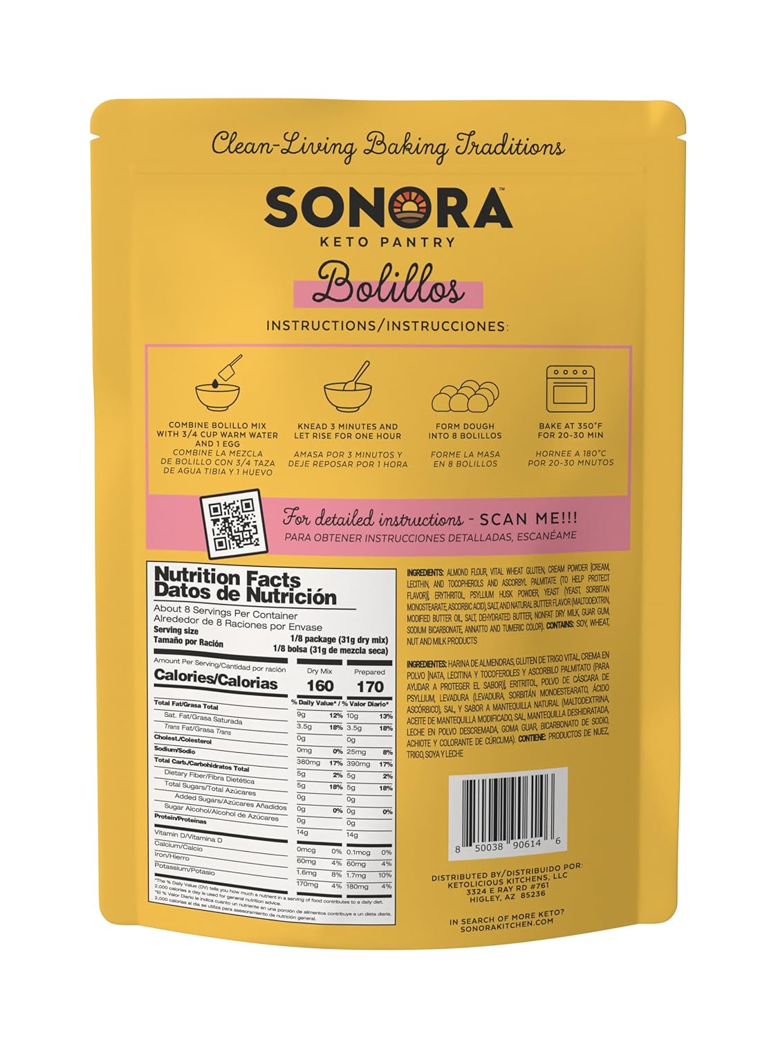 Sonora Keto Bread Mix | 0g NET CARBS | Mexican Bolillos, French Bread, Rolls & Buns | Low Carb | Bread Machine Compatible (8.8oz - Makes 8)