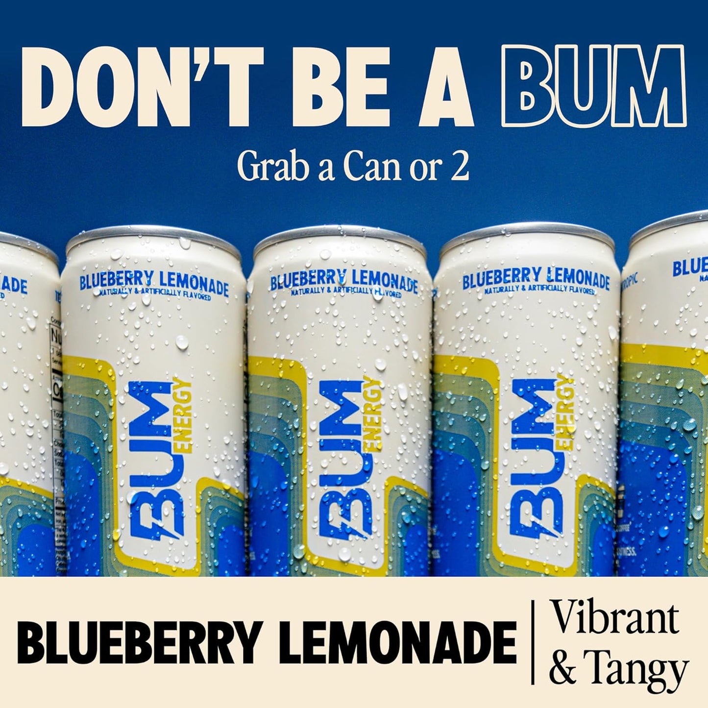 BUM Sugar-Free Energy Drink, Blueberry Lemonade - Lightly Carbonated & No Artificial Colors, Natural Caffeine & Citicoline for Energy & Focus, Brain Boost & Workout Sports Beverage - 12 oz, Pack of 12