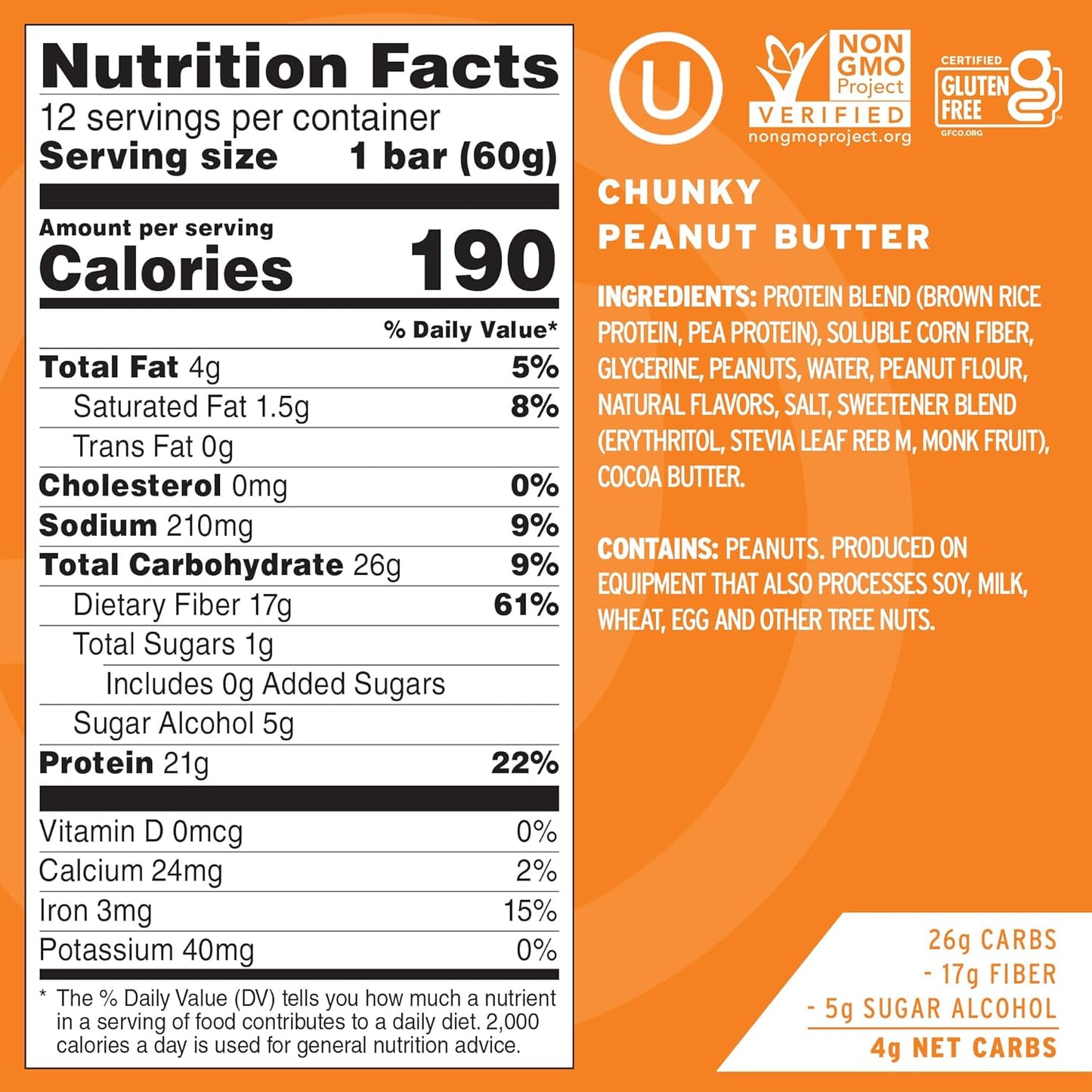 No Cow High Protein Bars, Chunky Peanut Butter - Healthy Snacks, 20g Vegan Protein, High Fiber, Low Sugar, Keto Friendly, Dairy & Gluten Free (12 Count)