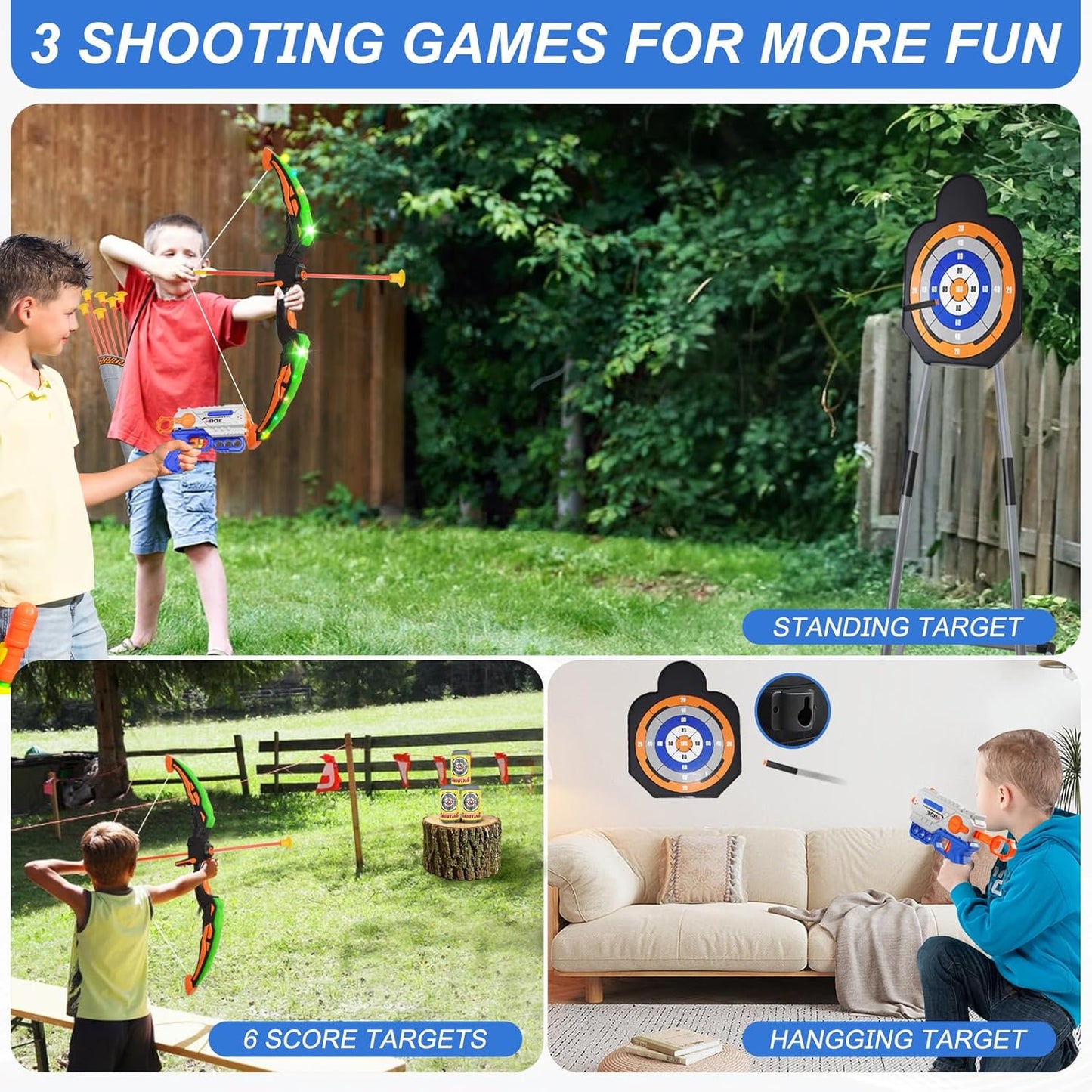 2 Pack Bow and Arrow Toy for Kids 3-8-12, LED Light Up Archery Set with Shooting Game Toy & Standing Target for Boys and Girls Age 5 6 7 8 9 10 11+, Indoor Outdoor Activity Toys for Birthday