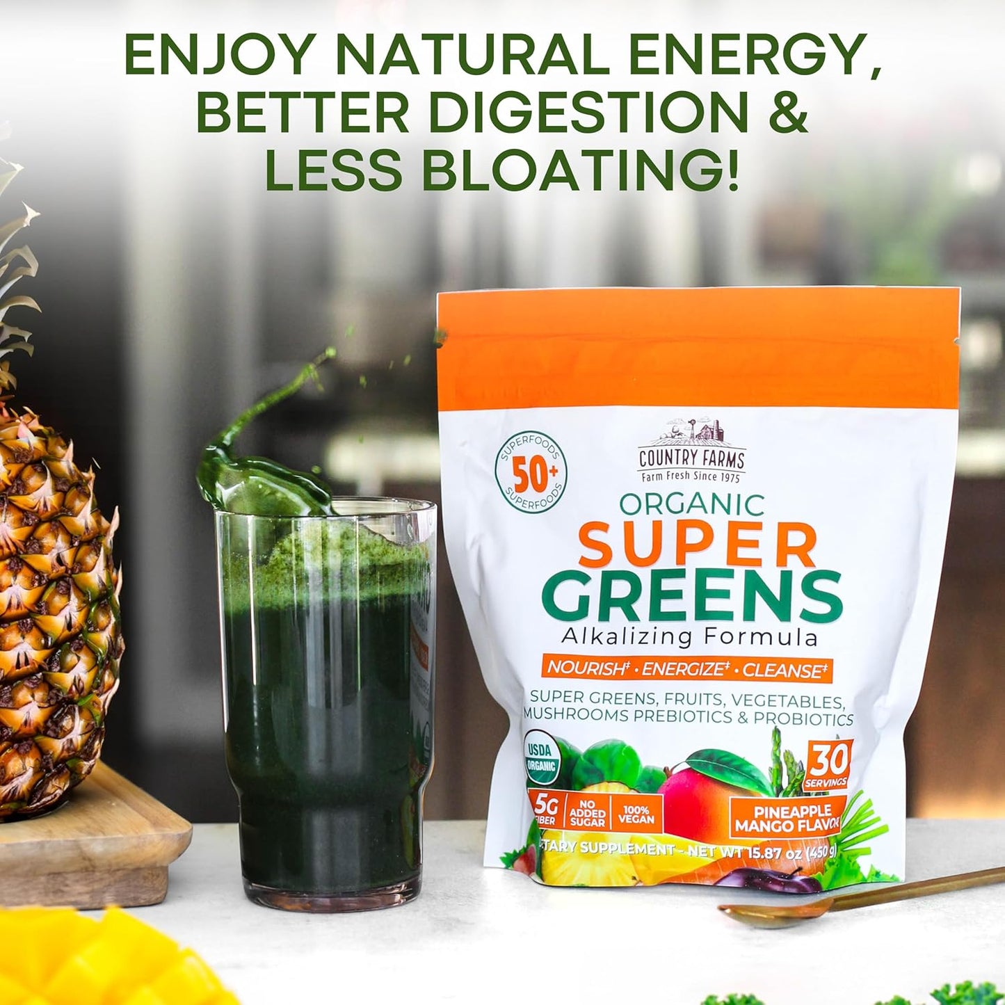 COUNTRY FARMS Super Greens Pineapple-Mango Flavor, 50 Organic Super Foods, USDA Organic Drink Mix (Wheat Grass, Spirulina, Chlorella) Mushrooms & Probiotics, with Fiber, Natural Energy, 30 Servings