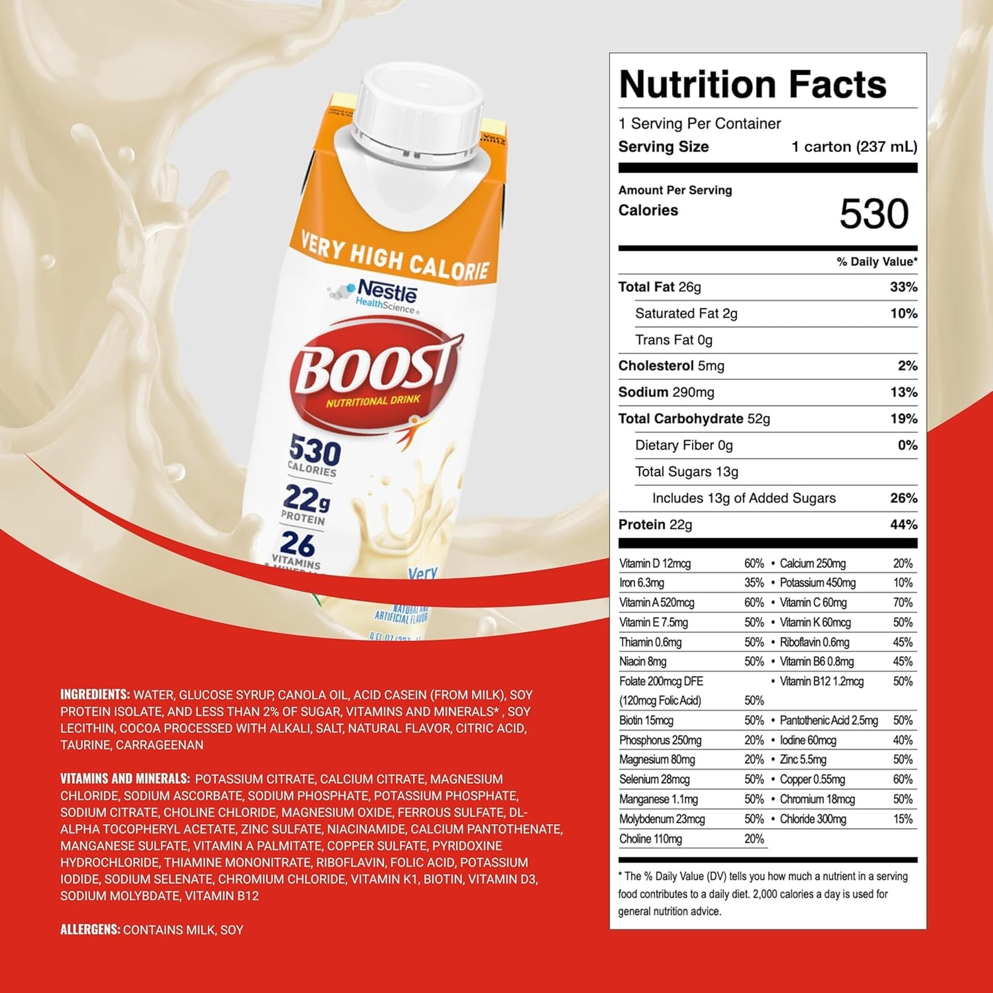 Boost Very High Calorie Vanilla Nutritional Drink – 22g Protein, 530 Nutrient Rich Calories, 8 Fl Oz (Pack of 24)