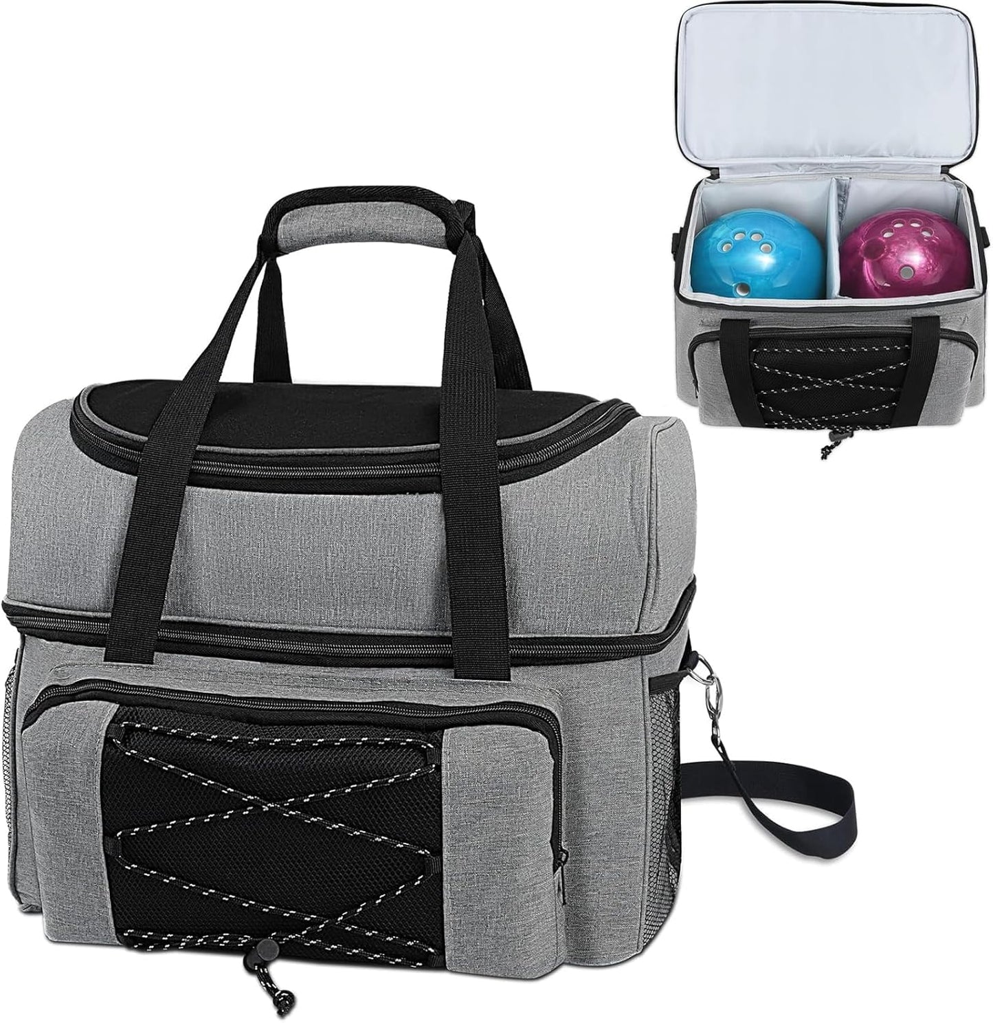 Bowling Ball Bag 2 Ball with Padded Holder Portable Double Bowling Totes with Adjustable Shoulder Strap Large Capacity Bowling Gear Organizer