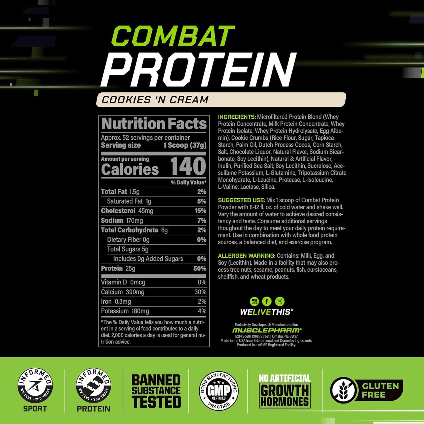 MusclePharm Combat Protein Powder, Cookies ‘N’ Cream Flavor, Fuels Muscles for Productive Workouts, 5 Protein Sources including Whey Protein Isolate & Egg Albumin, Gluten Free, 4 lb, 52 Servings