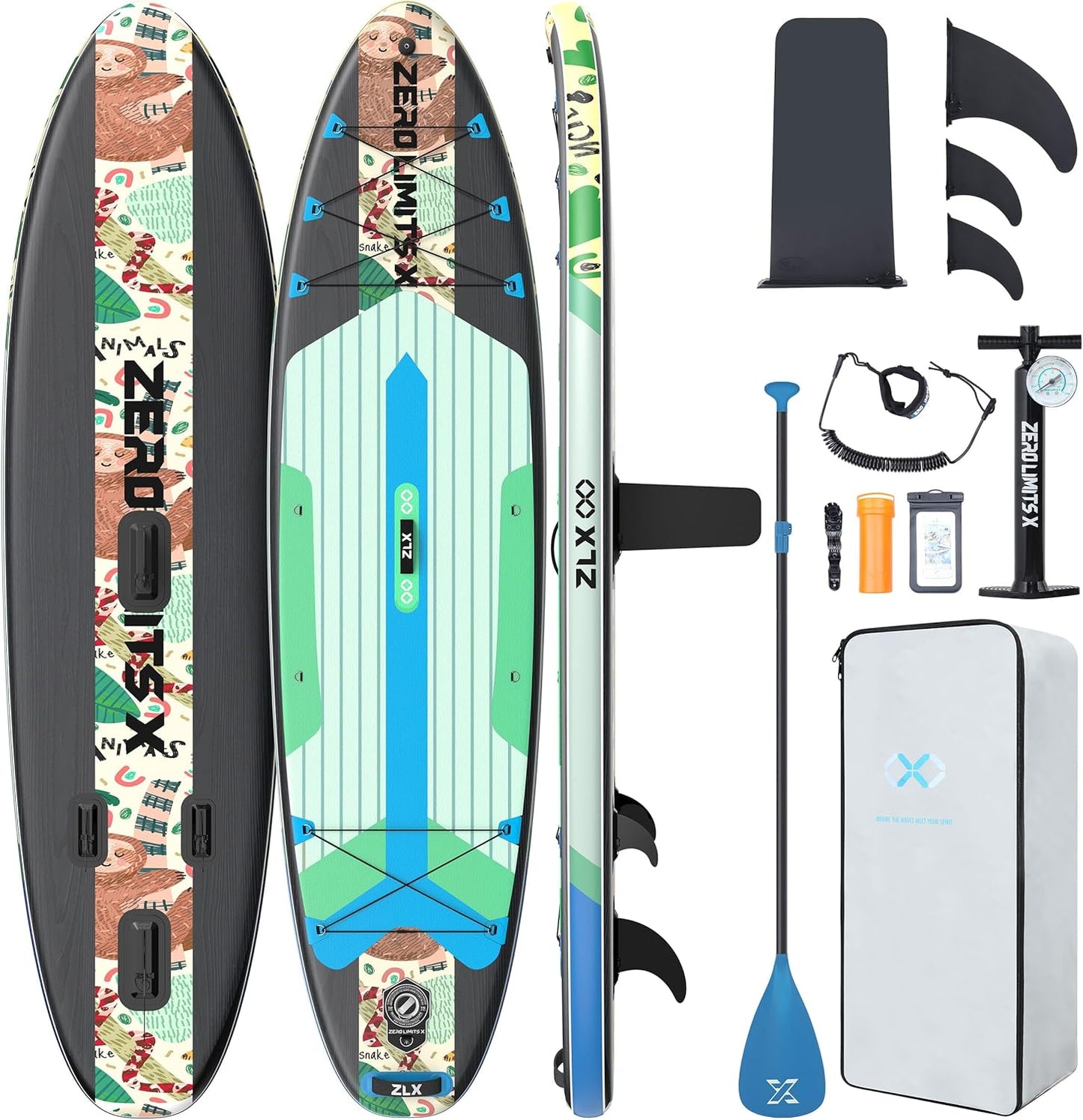 ZLX Inflatable Stand Up Paddle Board, 10'6" SUP Non-Slip Stable Deck Pad, Unique Center Fin, Premium Accessories, Portable Paddleboard for Adults, Beginners, All Skill Levels