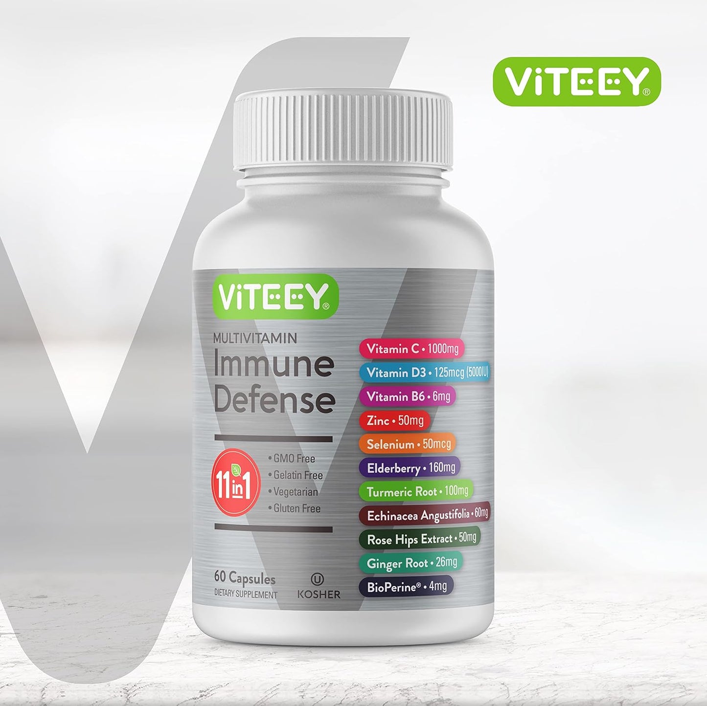 Viteey 11 in 1 Immune Support Supplement - Immune Defense with Vitamin D3, B6, Echinacea, Turmeric, Rose-HIPS, Selenium, BioPerine, Ginger, Elderberry Vitamin C and Zinc - 60 Count