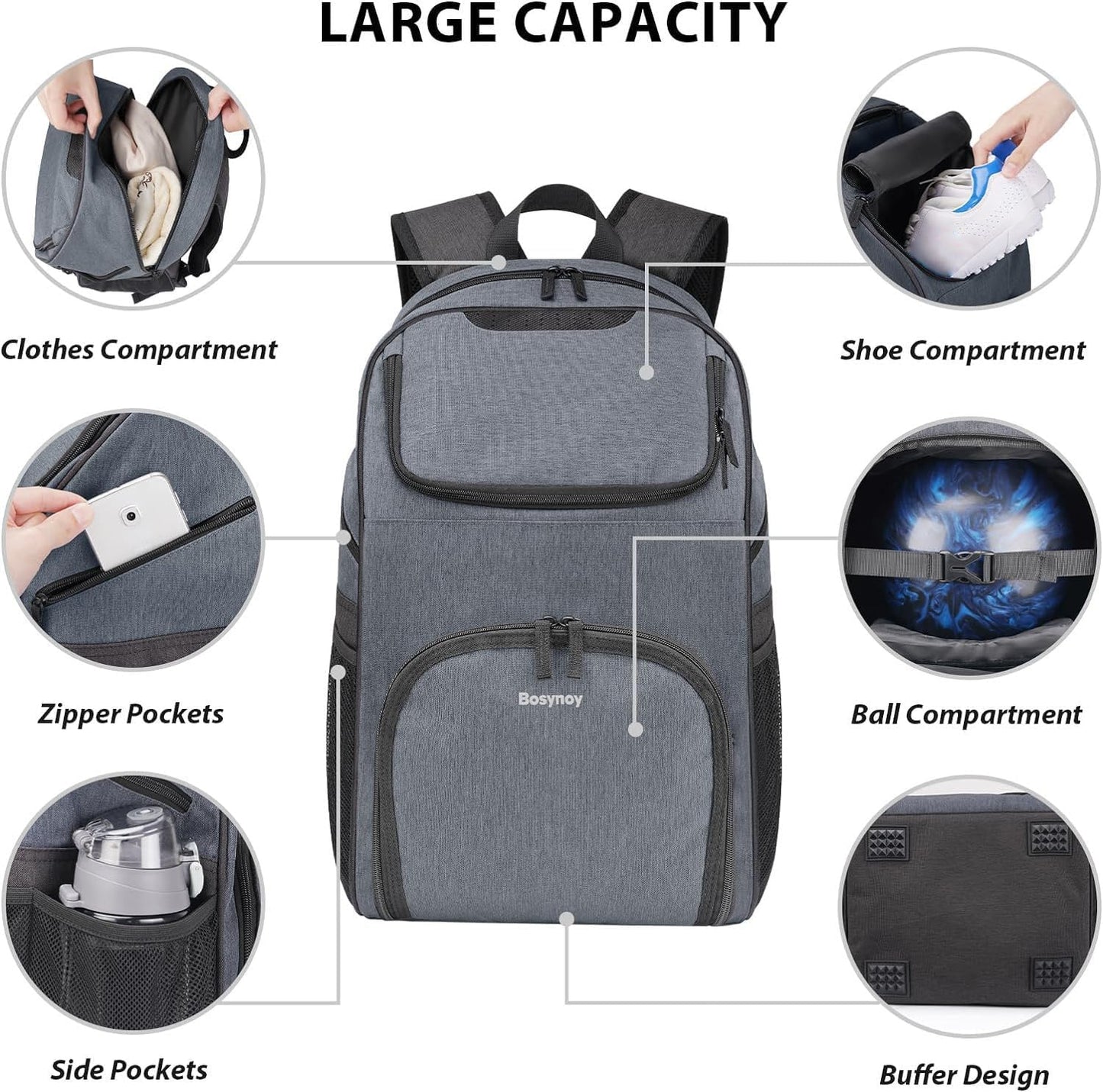 Bosynoy Bowling Backpack, Bowling Ball Bag Totes for Single Ball with Shoe Compartment & Foam Padded, Fits Shoes Up to US Mens Size 16, Grey
