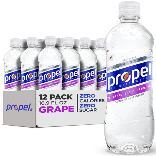 Propel Electrolyte Enhanced Water Sports Drink, Grape Flavored Water, Zero Calorie & Zero Sugar Hydration with Electrolytes and Vitamins C & E, 16.9 fl oz Water Bottles (12 Pack)