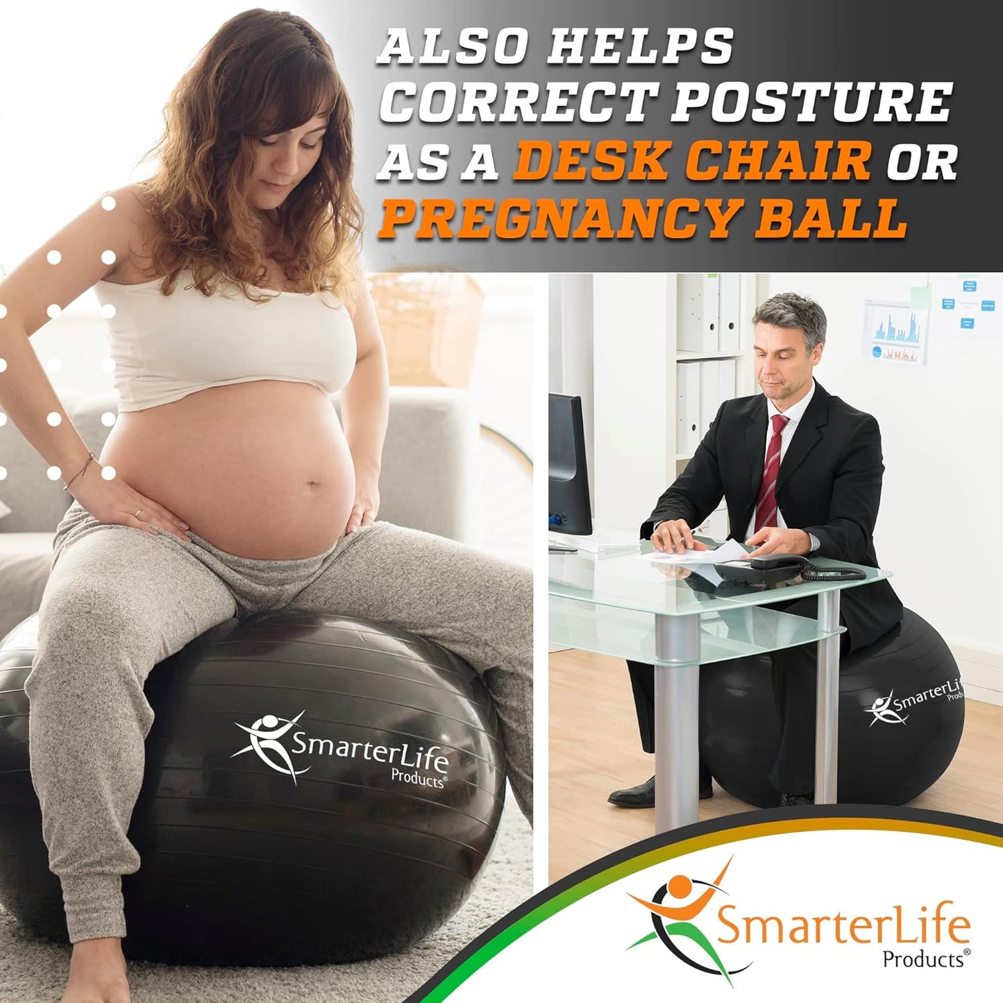 SmarterLife Exercise Ball Yoga Ball for Fitness, Balance, Stability, or Pregnancy, Gym Ball for Core Workout, Physical Therapy, Yoga Ball Chair for Office, Anti-Slip Anti-Burst