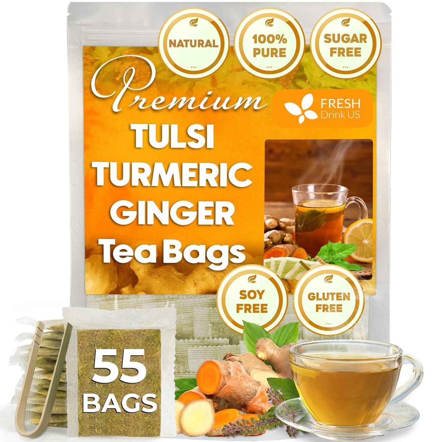 FreshDrinkUS, Premium 55 Tulsi Turmeric Ginger Tea Bags, 100% Natural & Pure from Tulsi Holy Basil Leaves, Turmeric and Ginger. Made with Natural Material Tea Bags. No Sugar, No Caffeine, Vegan.