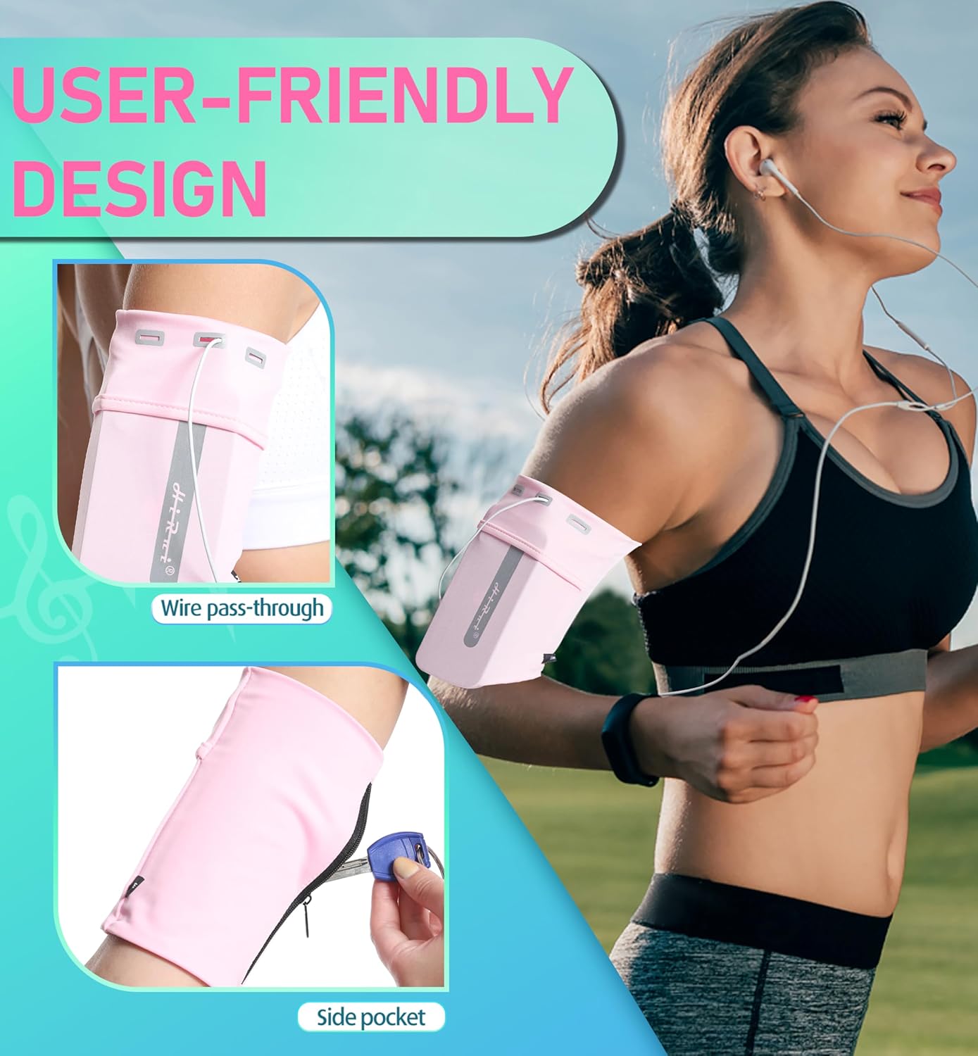 HiRui Running Armband Sleeve Universal Sports Armband Cell Phone Holder Armband for Exercise Workout, Compatible with iPhone 16/15/14/13/Plus/Pro Samsung Galaxy All Phones (M, Pink)