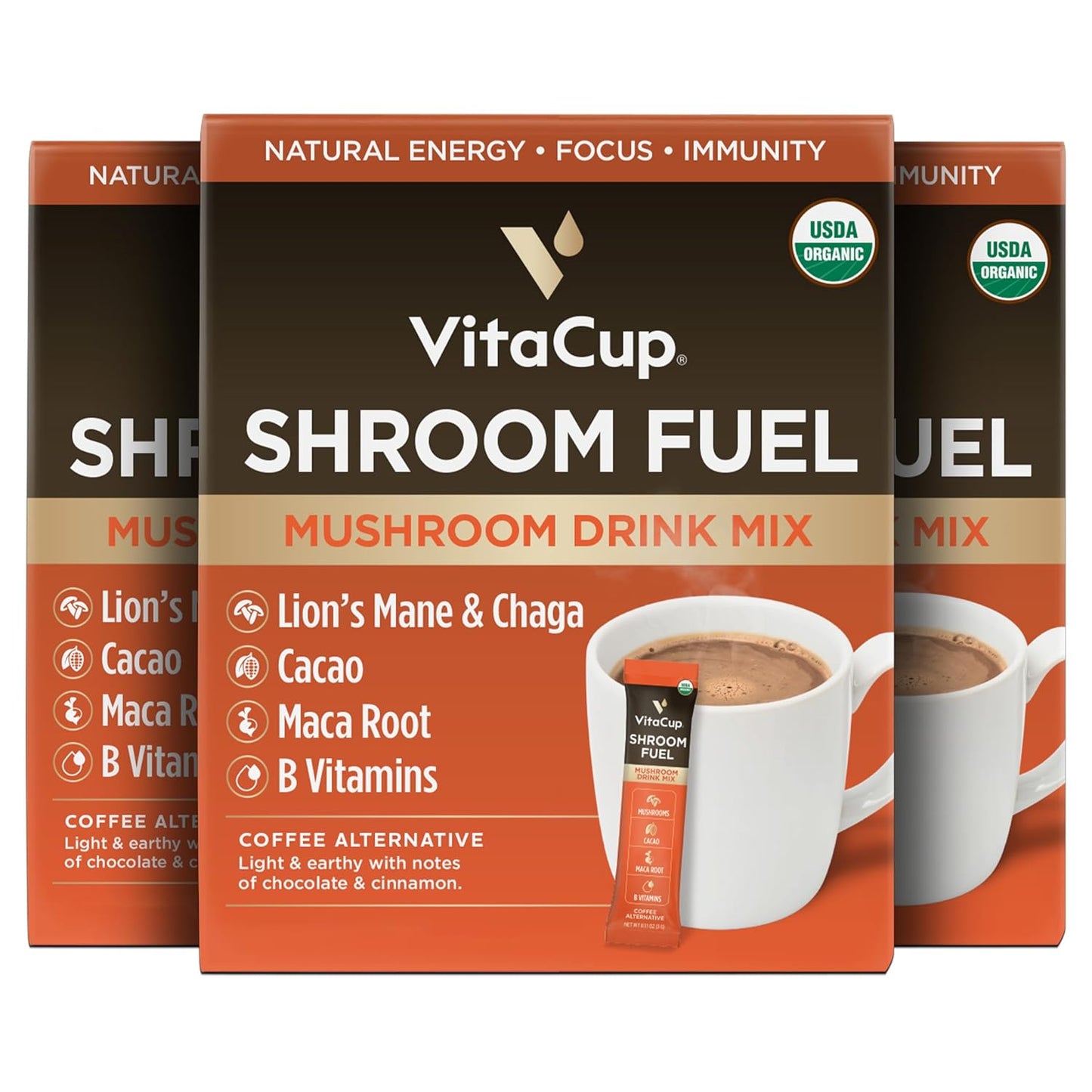 VitaCup Shroom Fuel, Mushroom Based Instant Coffee Alternative Packets, Mushroom Coffee Substitute w/Cacao, Cinnamon, Chaga, Lions Mane, & Maca for Energy, Immune Support, & Focus, 72 ct