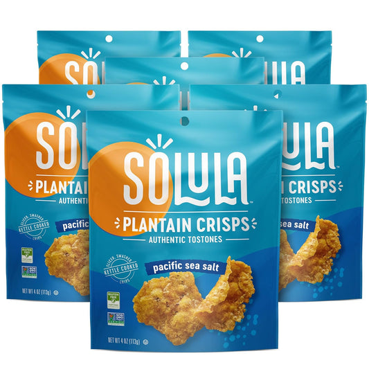 Solula Plantain Crisps Authentic Tostones, Pacific Sea Salt, 4 Ounce (Pack of 6), Kettle Cooked Chips, Gluten Free, Paleo Friendly, Grain Free, Vegan
