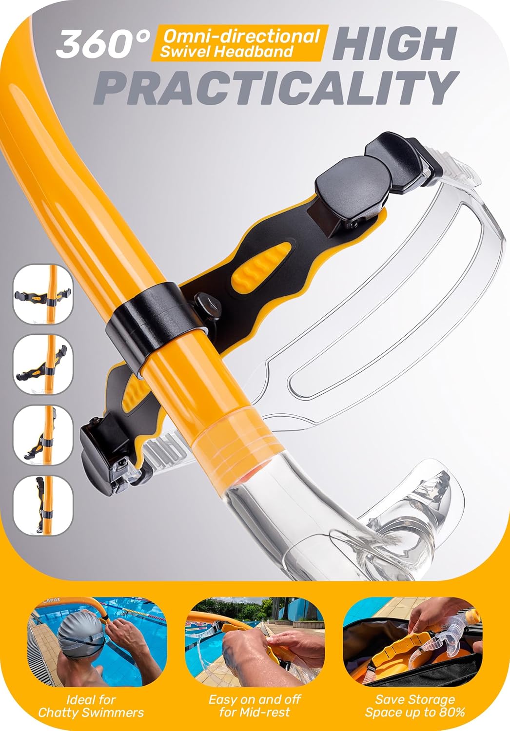CAPAS Training Swim Snorkel for Lap Swimming, Swivel Headband Ultimate Fit Center-Mount Swimmers Snorkel with Liquid Silicone Mouthpiece Adjustable Strap, Designed for Adult Men Women