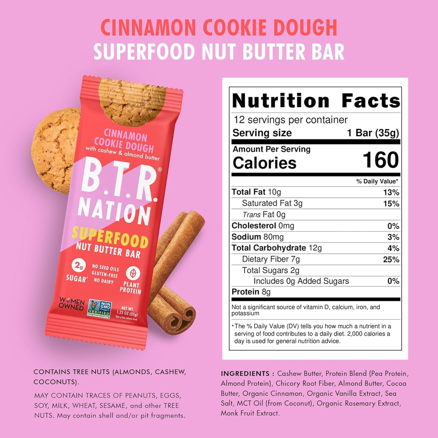 B.T.R. Nation Superfood Keto Protein Bars - Cinnamon Cookie Dough ENERGY | (4 Pack) | Plant Based Vegan Protein, Low Carb Food, Low Calorie, Gluten Free, No Sugar Alcohols, Boosted with Superfoods