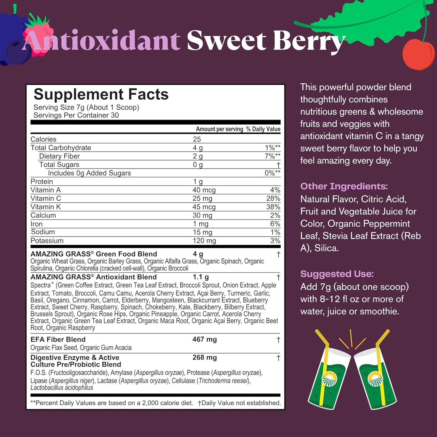 Amazing Grass Greens Blend Antioxidant: Super Greens Powder Smoothie Mix with Organic Spirulina, Beet Root Powder, Elderberry, Bilberry, Prebioitics & Probiotics, Sweet Berry, 30 Servings (Packaging May Vary)