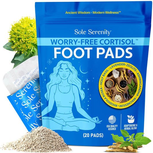 Sole Serenity Worry-Free Overnight Foot Pads for Cortisol Hormone Balance, Puffiness, Relaxation and Sleep with Zeolite, Ashwagandha, Magnesium, Holy Basil, Rhodiola, 20 Pack