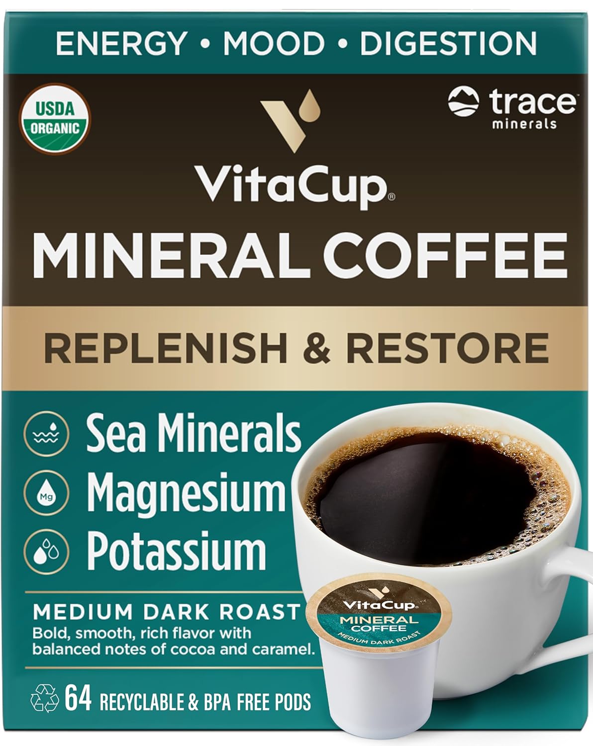 VitaCup Mineral Coffee Pods with Trace Minerals, Hydrate, Replenish & Restore, w/Sea Minerals, Electrolytes, Organic Coffee, Medium Dark Roast, Single Serve Pod Compatible w/Keurig K-Cup Brewers,64 Ct