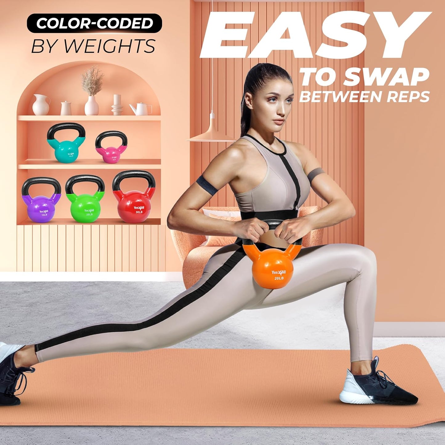 Yes4All Kettlebell Set Vinyl Coated Weights Combo for Full Body Workout Equipment Push up, Grip Strength Training, Dumbbell Weights Exercises