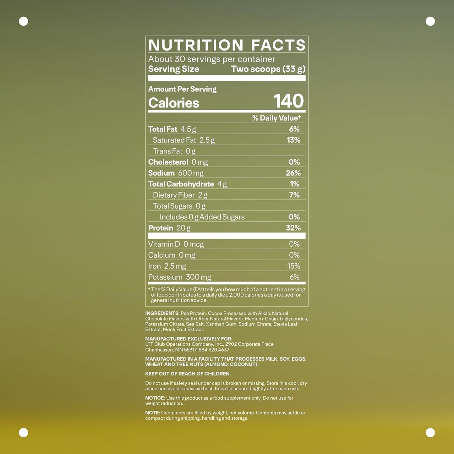 LTH VITAL Vegan Protein - Trusted by Life Time fitness Members - Plant-Based Protein Powder - Made from Pea Protein - Supports a Healthy Immune System - Gluten Free & Soy Free - Chocolate, 30 Servings