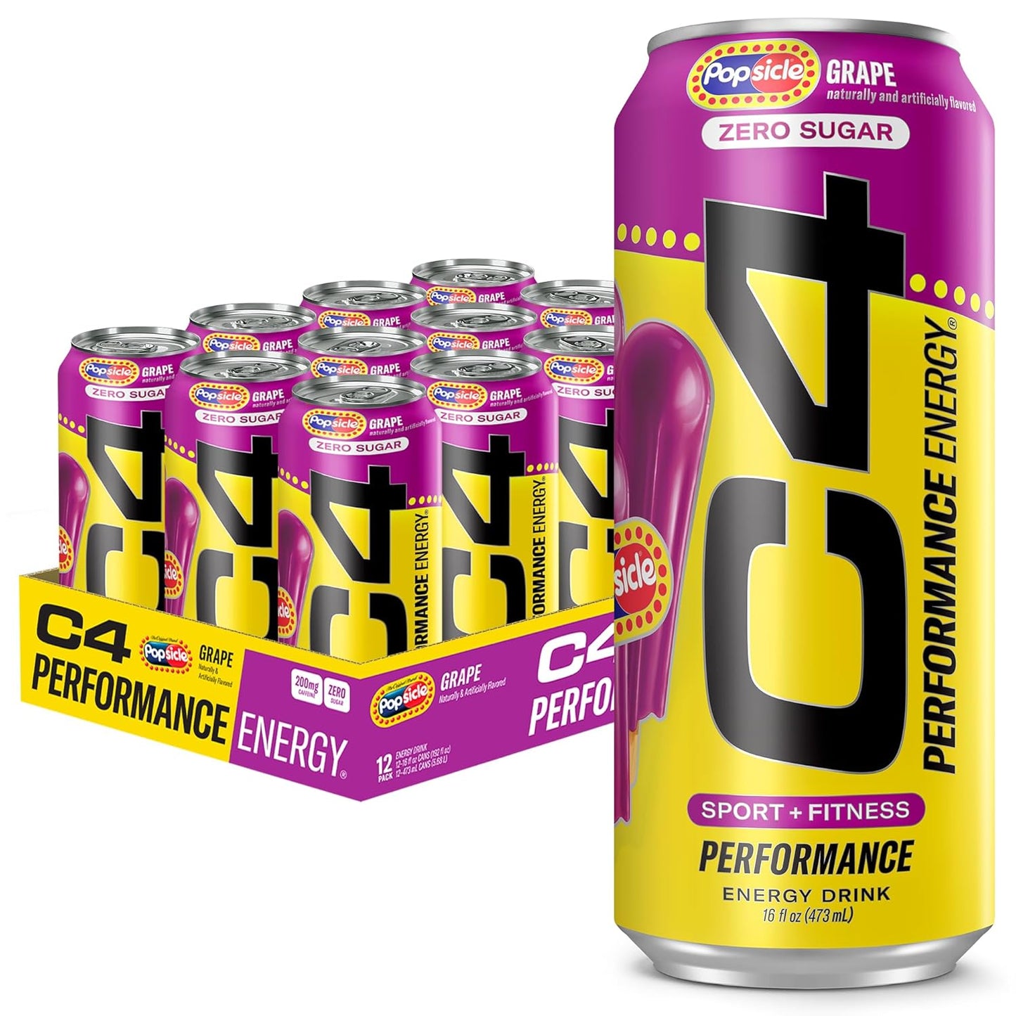 Cellucor C4 Energy Drink x Grape Popsicle, Carbonated Sugar Free Pre Workout Performance Drink with no Artificial Colors or Dyes, 16 Oz, Pack of 12