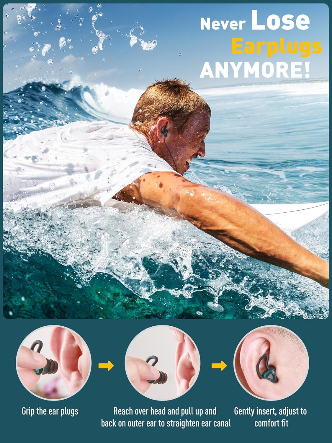 Ear Plugs for Swimming Surfing with String, Block Out Water Let Sound in, Reusable Comfy Custom-fit Swimmer Earplugs for Snorkeling, Shower, Pool, Swim, Bath, Kayaking, Other Water Activities