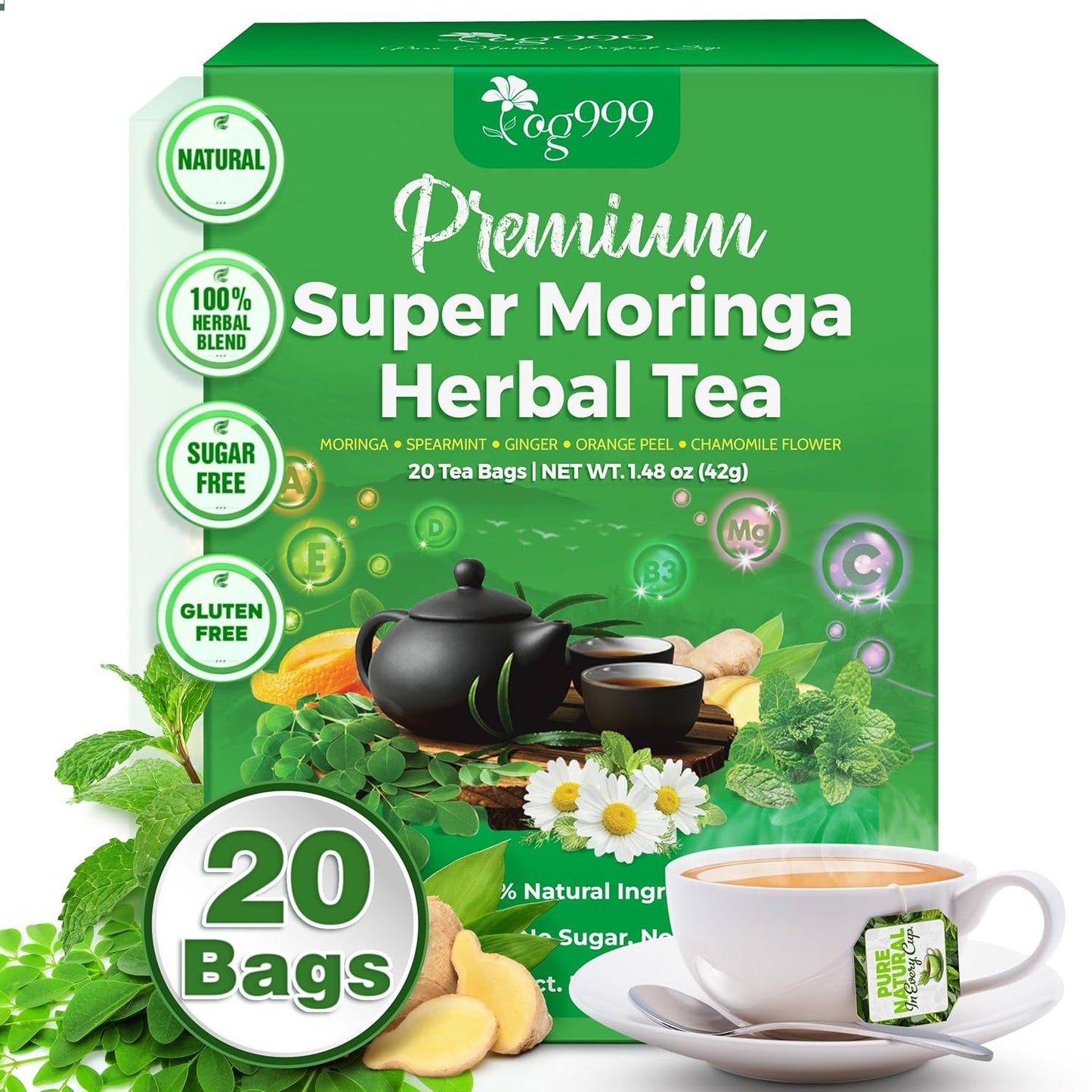 TOG999, Premium 20 Tea bags Super Moringa Herbal Tea, Special Blend of Moringa Leaves, Spearmint Leaves, Ginger, Lemon Peel and Chamomile. No Sugar, No Caffeine, No Gluten, Vegan.