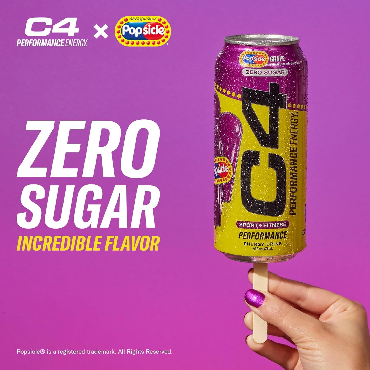 C4 Energy Drink x Popsicle Variety Pack, Carbonated Sugar Free Pre Workout Performance Drink with no Artificial Colors or Dyes, 3 Flavors - Grape, Hawaiian Pineapple, and Cherry, 16 Oz, Pack of 12