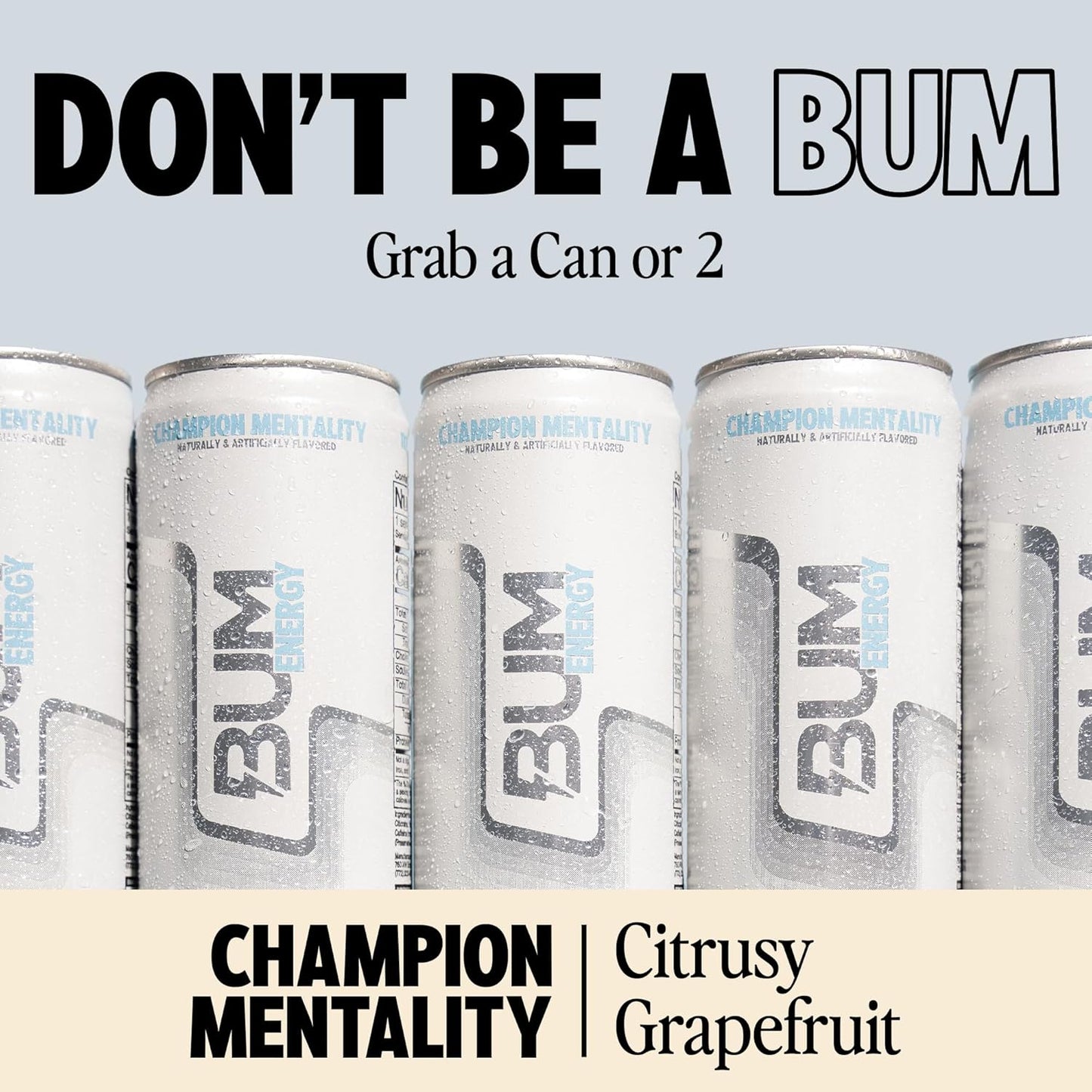 BUM Sugar-Free Energy Drink, Champion Mentality - Lightly Carbonated & No Artificial Colors, Natural Caffeine & Citicoline for Energy & Focus, Brain Boost & Workout Sports Beverage - 12 oz, Pack of 12