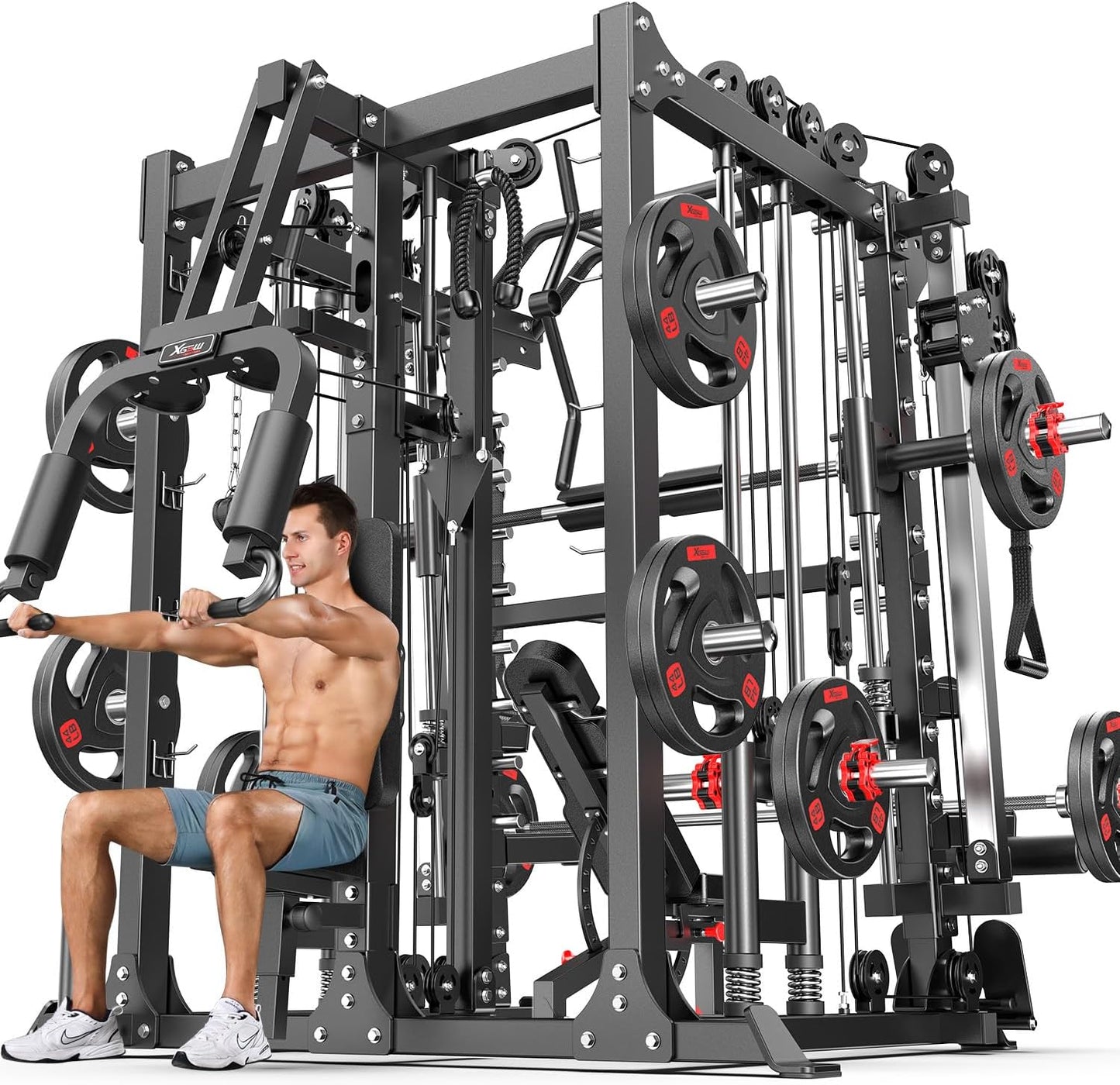 Smith Machine Power Rack Multifunctional Power Cage Deep Squat Rack Cable Crossover System Selectable More Training Attachment for Garage & Home Gym