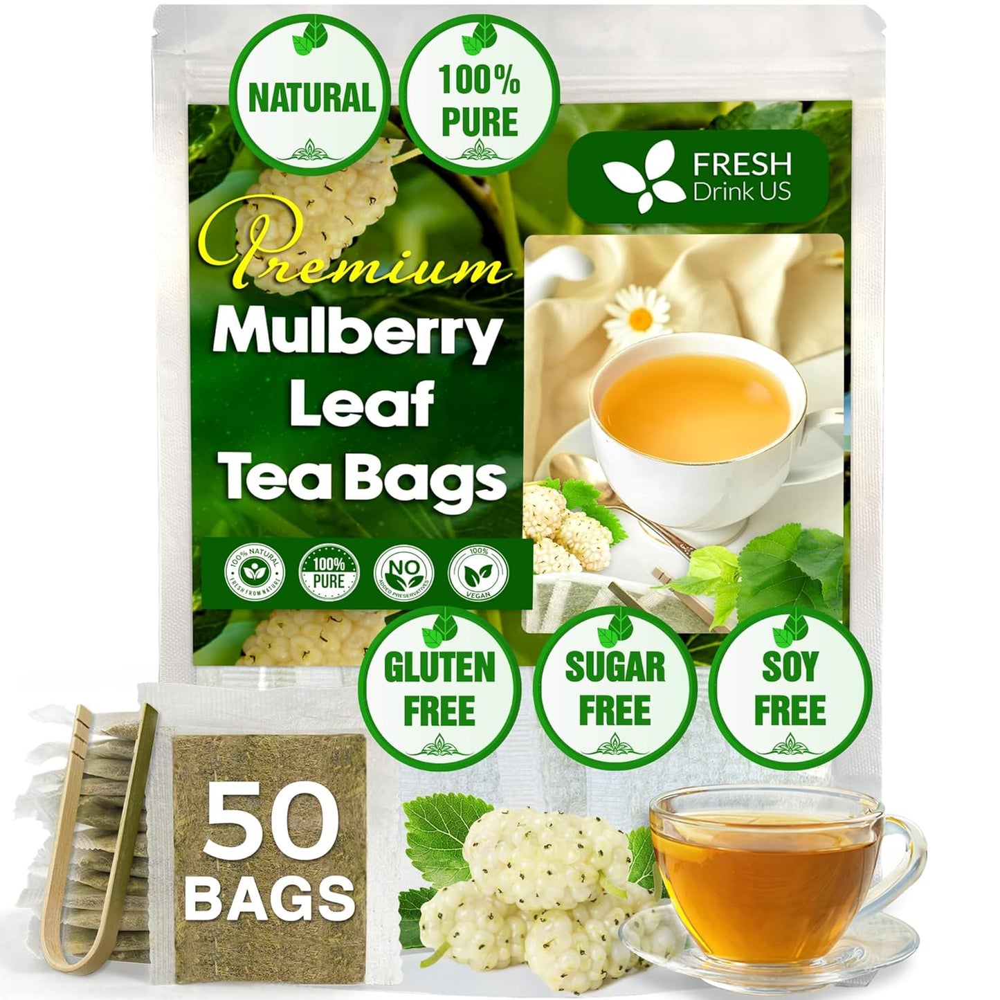 FreshDrinkUS Premium Mulberry Leaf Tea - 50 Bags, 100% Natural & Pure. Loose Leaf Herbal Tea. Natural Material Tea Bags. No Sugar, Caffeine, Gluten. Vegan.