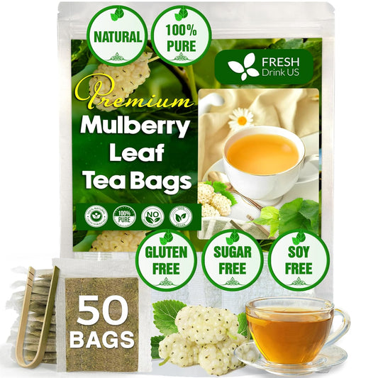 FreshDrinkUS Premium Mulberry Leaf Tea - 50 Bags, 100% Natural & Pure. Loose Leaf Herbal Tea. Natural Material Tea Bags. No Sugar, Caffeine, Gluten. Vegan.