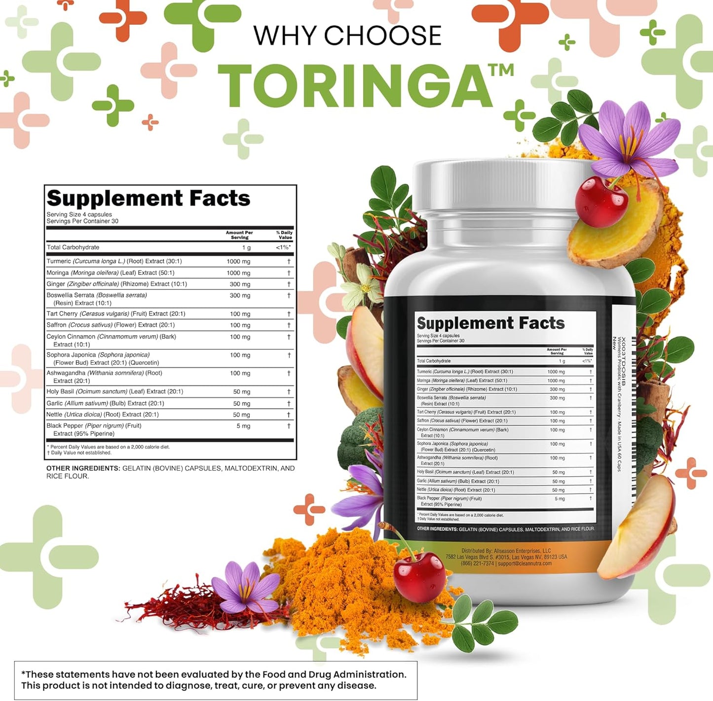 Turmeric Moringa Supplement | Ginger Boswellia Saffron - Supplement for Women and Men with Ceylon Cinnamon, Tart Cherry, Quercetin Garlic Nettle Holy Basil - 2Pack