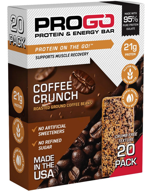 ProGo Protein Bars, Low Sugar, High Protein Snacks (21g) - 95% Pure Isolate for Faster Muscle Growth & Recovery, Low Calorie, Sweetened w/Peanut Butter & Honey (20-Count, Coffee Crunch)