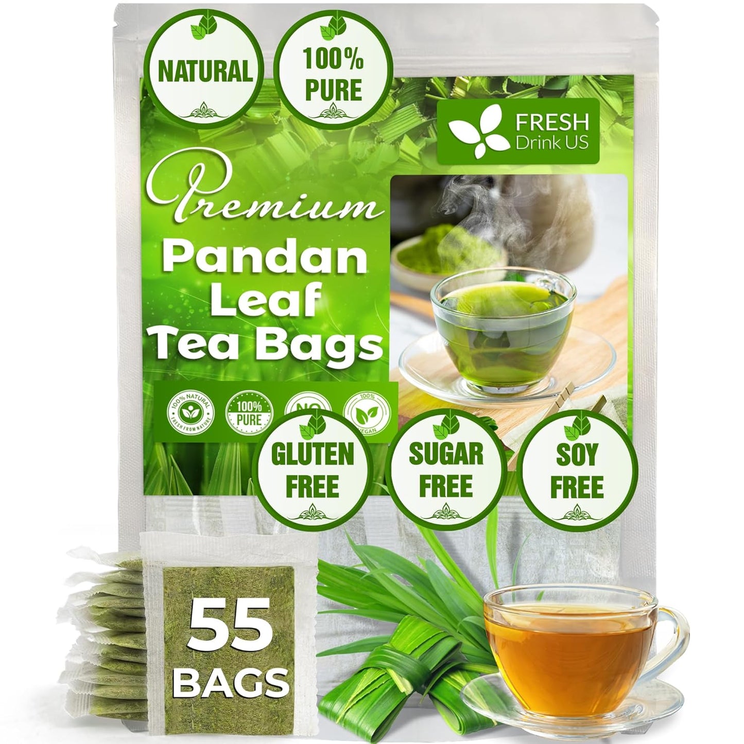 FreshDrinkUS, Premium 55 Pandan Leaf Tea Bags, 100% Natural & Pure from Pandan Leaves. Loose Leaf Pandan Herbal Tea. Made with Natural Material Tea Bags. No Sugar, No Caffeine, No Gluten, Vegan.