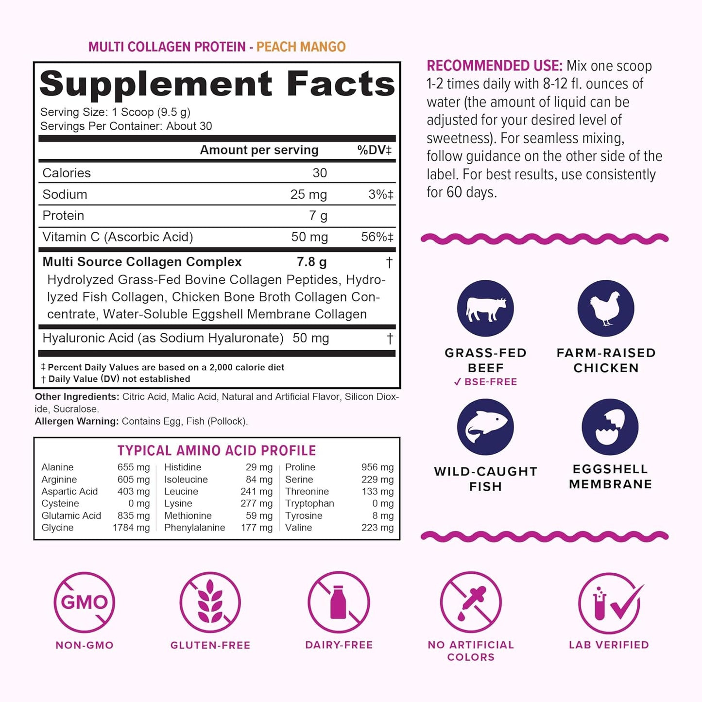 Multi Collagen Peptides Powder for Women - Hydrolyzed Flavored Collagen Powder for Women with Types I II III V & X Vitamin C & Hyaluronic Acid for Hair Skin and Nails (Peach Mango) - 30 Servings