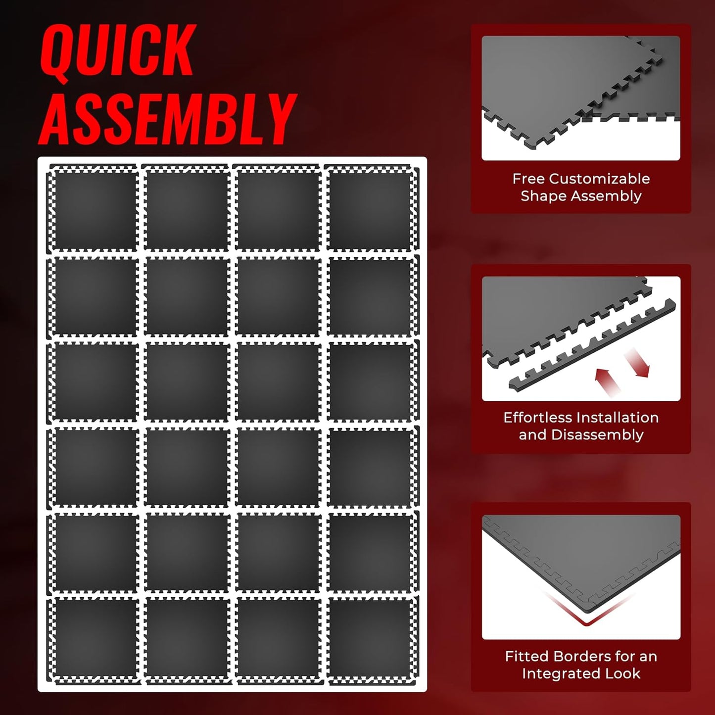 SUPERJARE 0.56'' Thick 24 Pcs 96 Sq Ft Rubber Top Exercise Equipment Mats, High Density EVA Foam Mats with Rubber Top, Interlocking Gym Flooring for Home Gym, Protective Workout Mat, Black