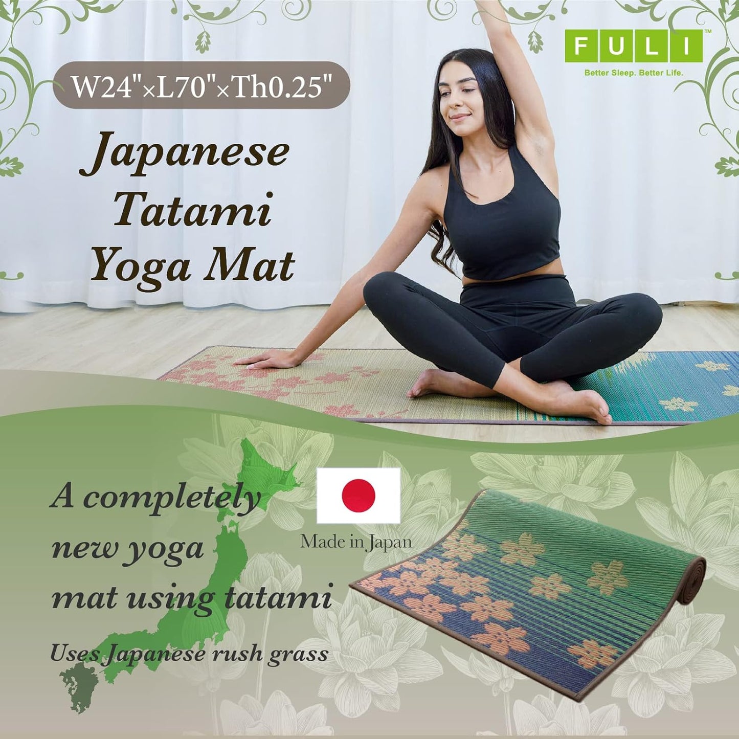 FULI Japanese Tatami Yoga Mat, Igusa Mat, Non Slip Exercise & Fitness Mats, Pilates & Floor Workouts, Made in Japan (1/4" Thick)