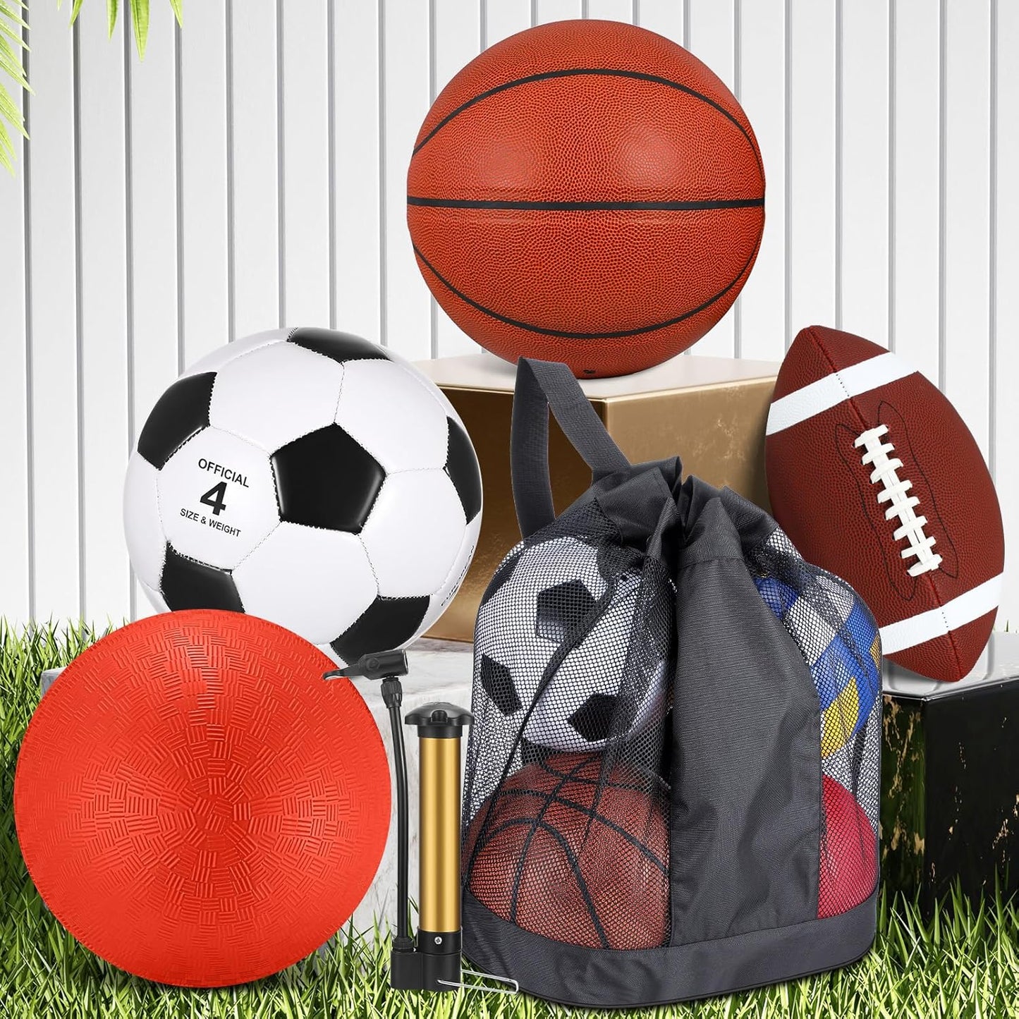 Deekin 4 Pcs Sport Balls Set for Kids Teens, Include Official Size 5 Basketball 4 Soccer 6 Football Playground Ball and Pump Sports Equipment Bag Recess Equipment Sport for Students(Normal Color)